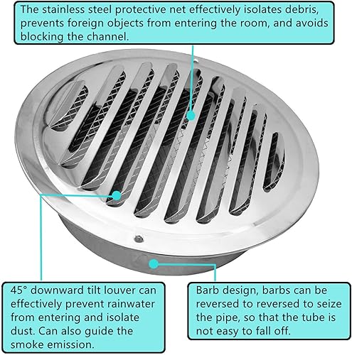 Miniatura 4 de Rejilla de ventilación redonda de acero inoxidable plateado de 4 pulgadas, rejilla de ventilación de pared redonda con malla de pantalla para baño,