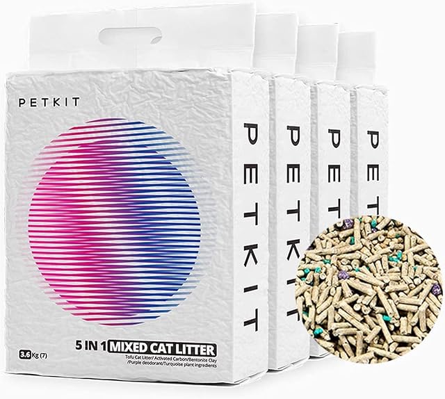 PETKIT Mieszany Żwirek dla Kotów 5 w 1, Nadaje Się do Mycia w Zmywarce, Bezzapachowy, Węgiel Aktywny, Bardzo Chłonny i Szybkoschnący Żwirek dla Kota (Kieszenie na Cztery Kieszenie)