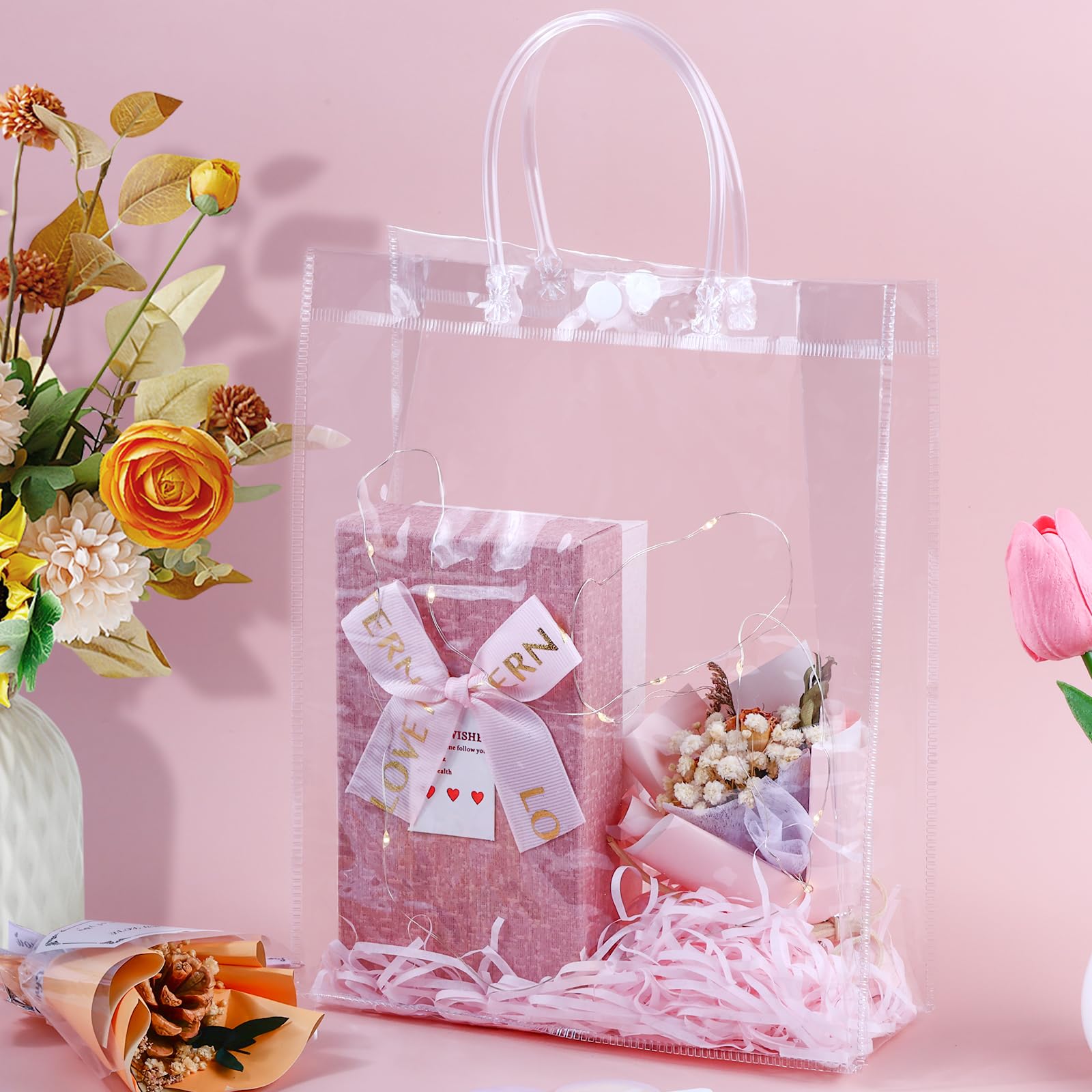 BENECREAT 8 Confezione Di Sacchetti Di Carta Kraft Bianchi Con Finestra Trasparente, Sacchetto Regalo Da 30x20x16 Cm Con Manici Per Il Compleanno, Matrimonio, Partito, Anniversario