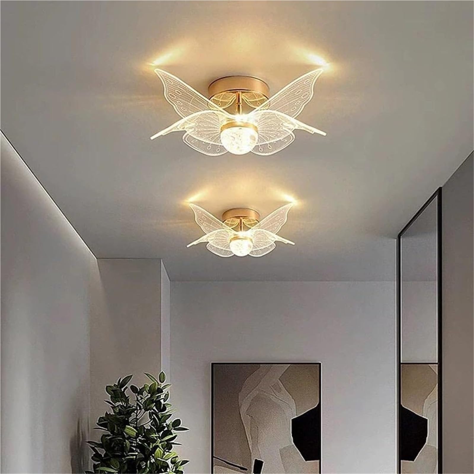 JingNian Lampa sufitowa w złotym motylu w stylu francuskim Akrylowy klosz, 3 kolory do ściemniania, półwpuszczana do sypialni, pokoju dziecięcego, przedpokoju