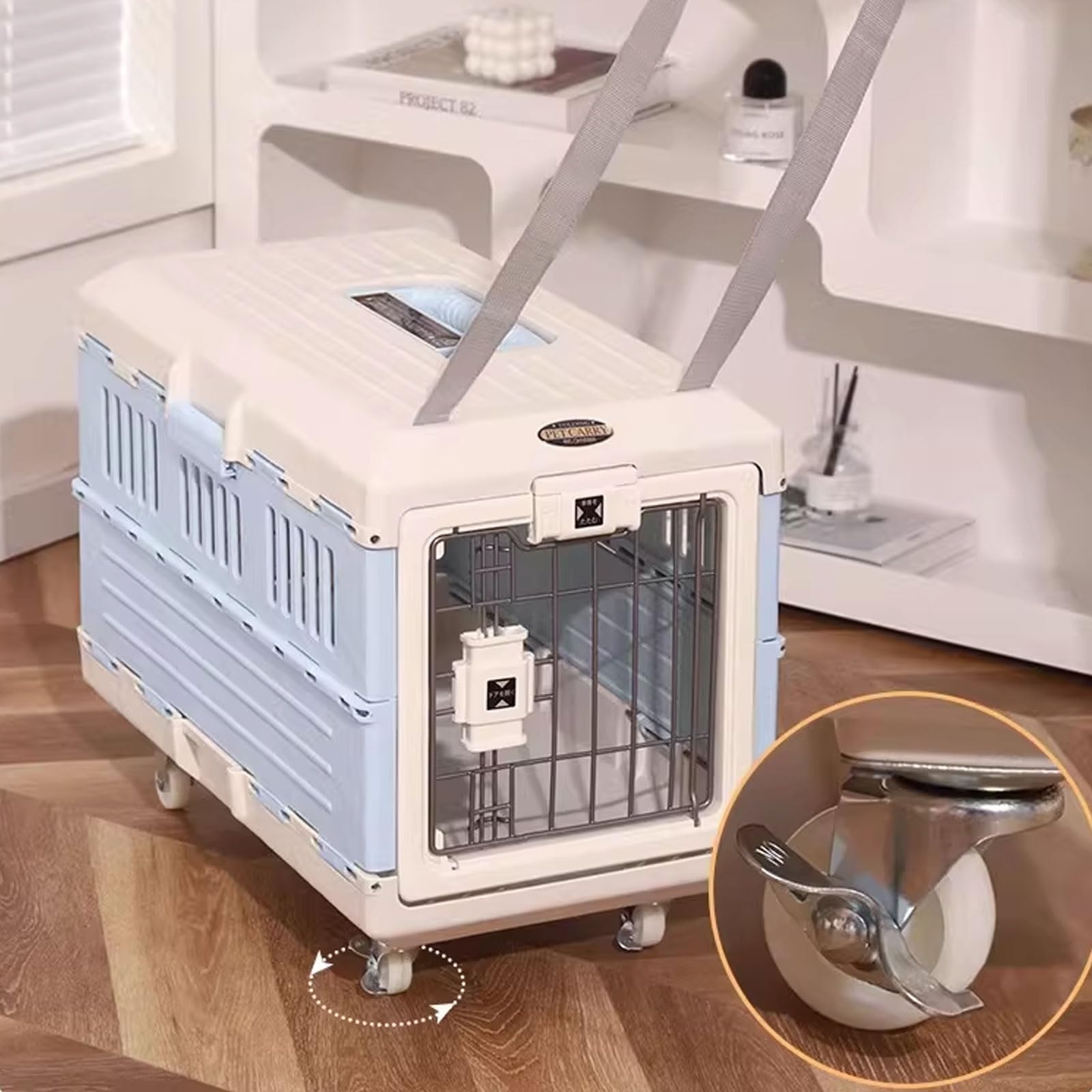 Gabbia per cani pieghevole con design di ventilazione, realizzata in materiale PP, include tracolla, ruote e maniglia per cani e gatti di piccola taglia