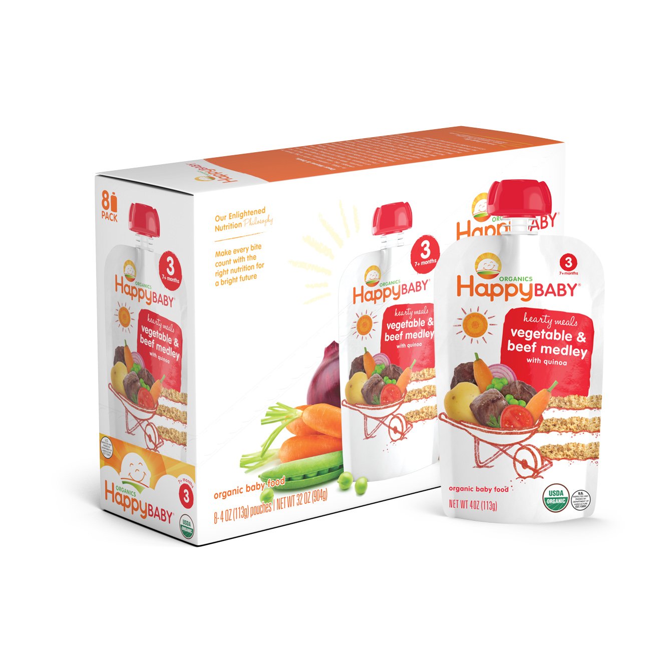 Happy Baby Organic Stage 3 Baby Food Hearty Meals Vegetables & Beef Medley w/ Quinoa, 4 Ounce Pouch (Pack of 8) Baby Food Pouches, 2g Fiber, Rich in Vitamin A, Non-GMO Gluten Free No Added Sugars