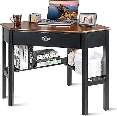 Miniatura 10 de LDAILY Escritorio esquinero para espacios pequeños, mesa de escritura compacta con cajones y estantes, estación de trabajo moderna de estudio que