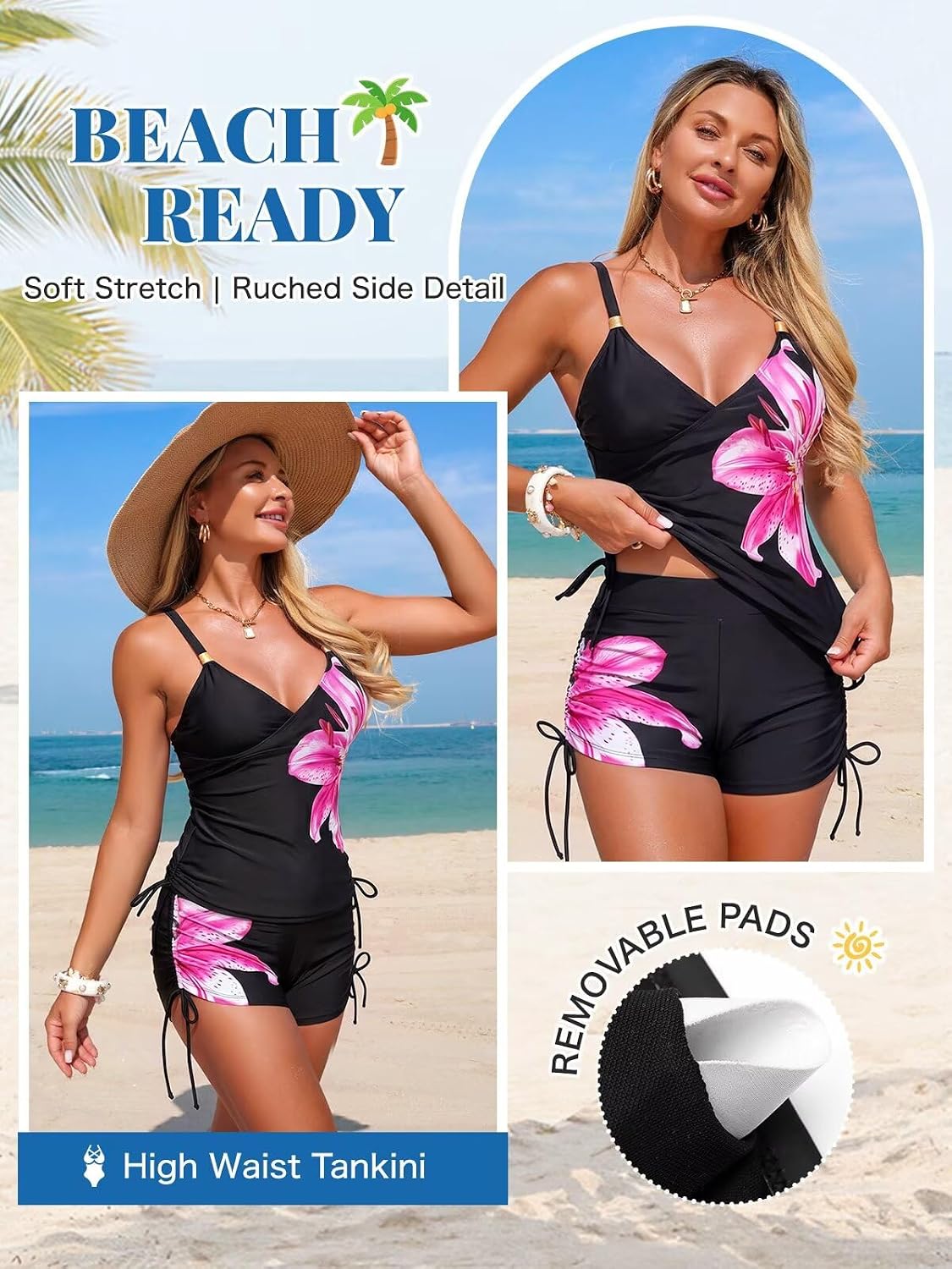 Modest Tankini Swimsuits for Women Tummy Control, 2 Piece Bathing Suit with Shorts Floral High Waisted Swimwear