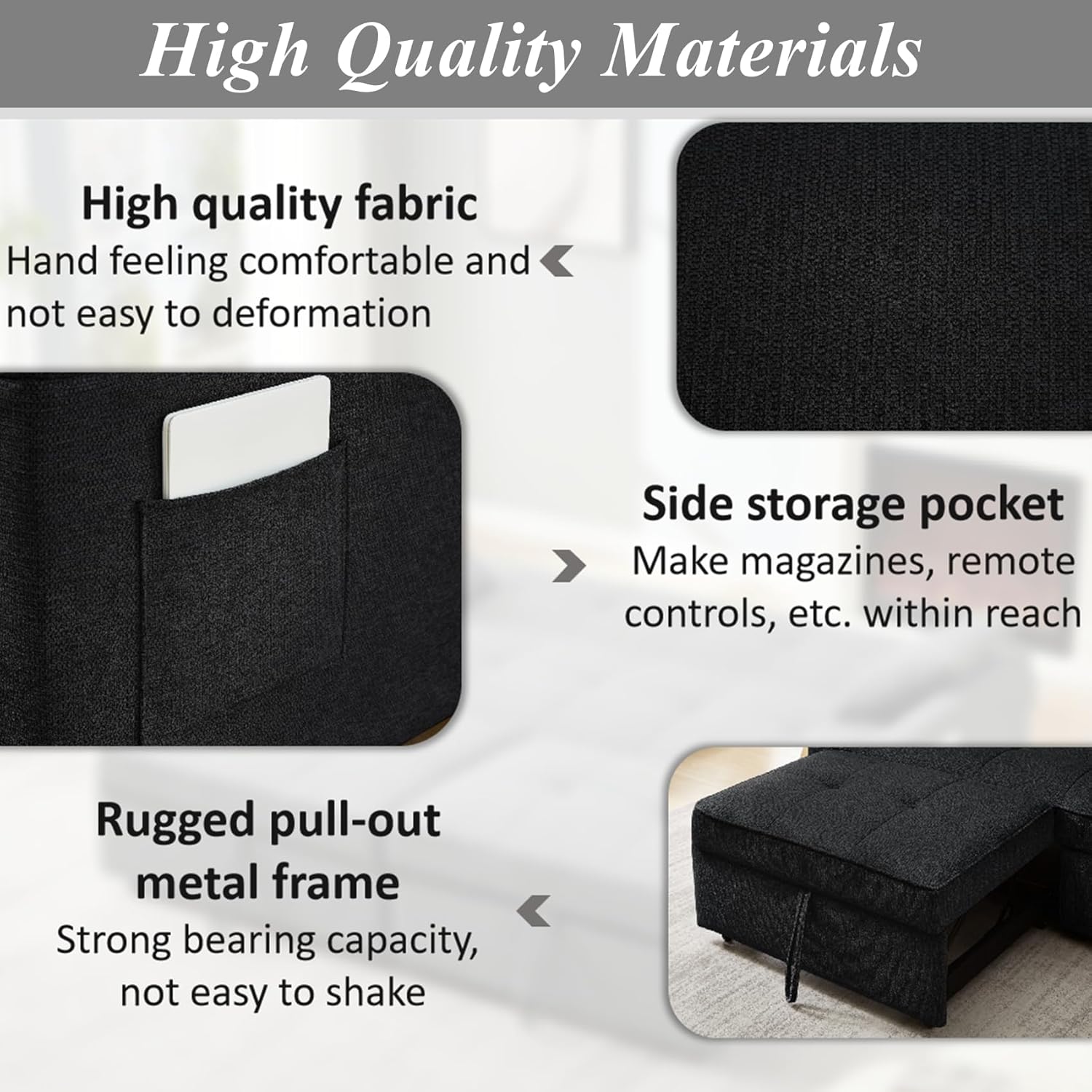 King Size Pull Out Sofa Bed, 4-in-1 Convertible Sofa Bed Couch, Chenille 3 Seaters Sofa Sleeper with Dual Pull Out Bed & Adjustable Backrest for Living Room, Black