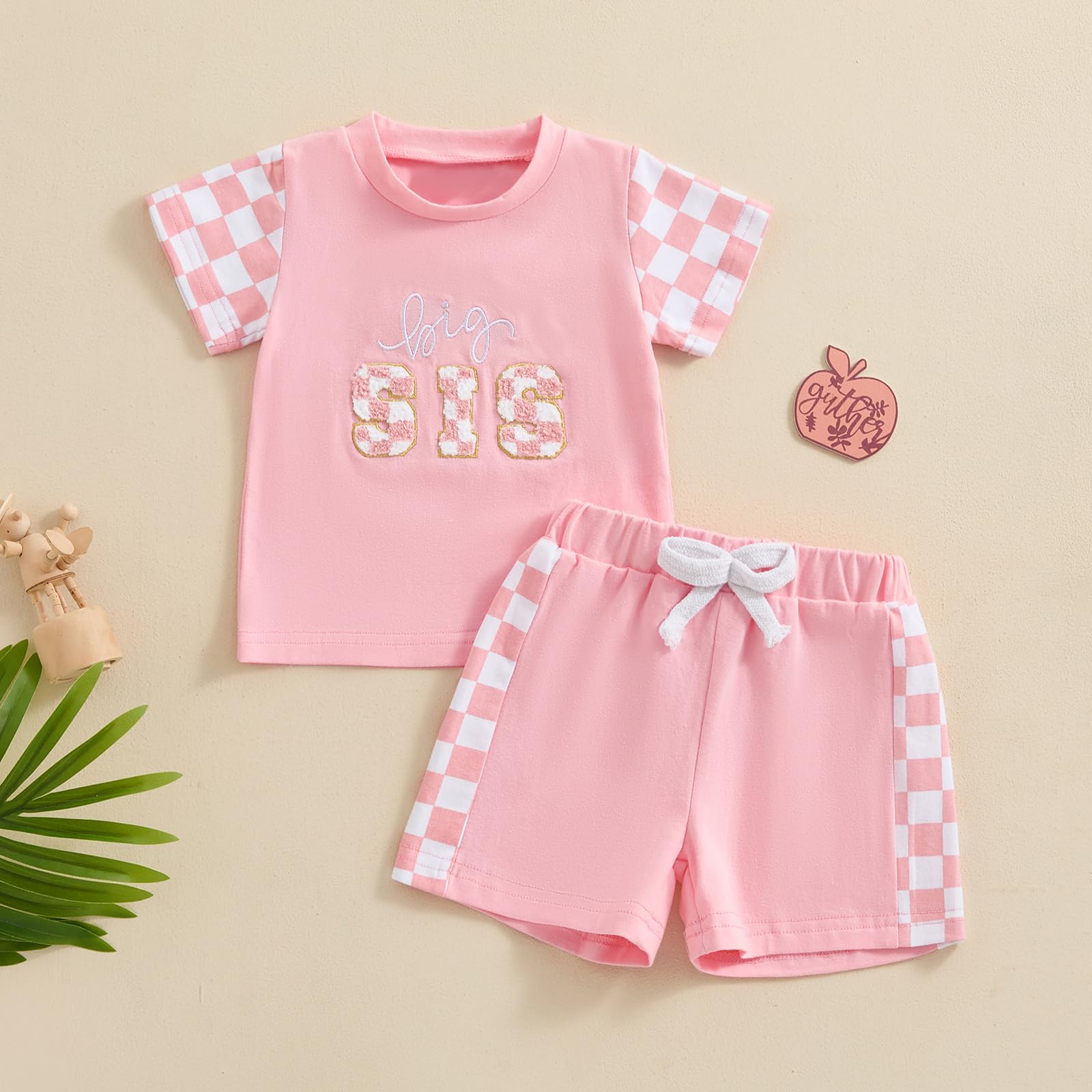 CHAUKAREAUL Big Sister/Brother Little Sister/Brother Matching Outfit Letter Embroidered Crewneck Short Sleeve Shirt Shorts (Pink-big sis, 18-24 Months)