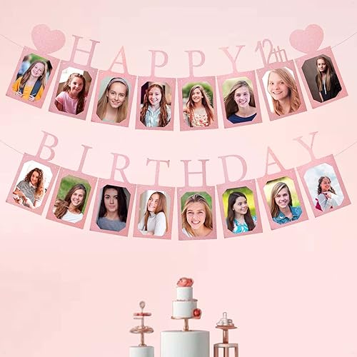 Miniatura 5 de Decoraciones y suministros de feliz cumpleaños número 12 para niñas, pancarta de fotos de cumpleaños de oro rosa para mujeres