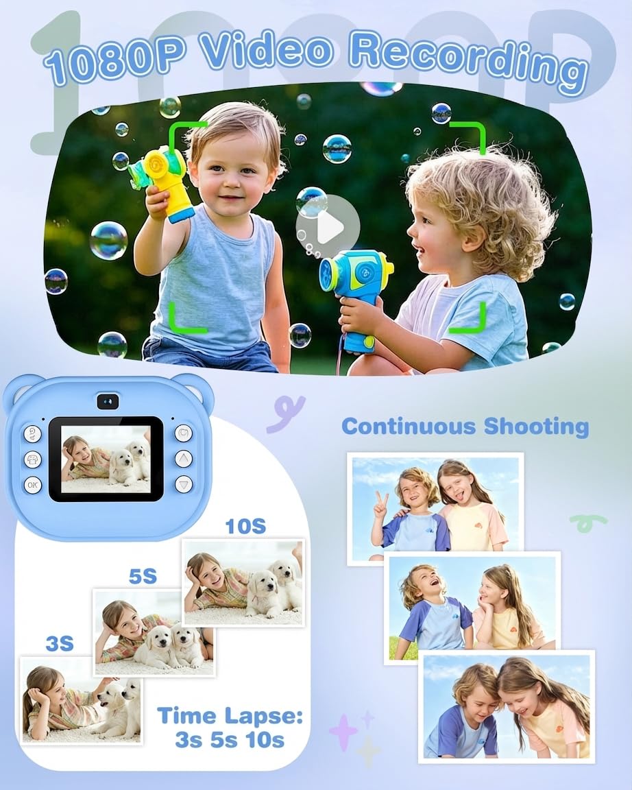 Cámara instantánea para niños, 1080P de doble lente, cámara instantánea para niños, pantalla de 2 pulgadas, con tarjeta de 32 GB y papel de impresión, regalos de cumpleaños para niños de 3 a 12 años