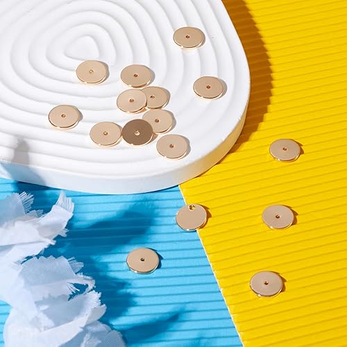 Miniatura 6 de Craftdady 50 cuentas redondas planas chapadas en oro de 18 quilates de latón galvanizado de 0.394 pulgadas para hacer joyas agujero 0.059 pulgadas