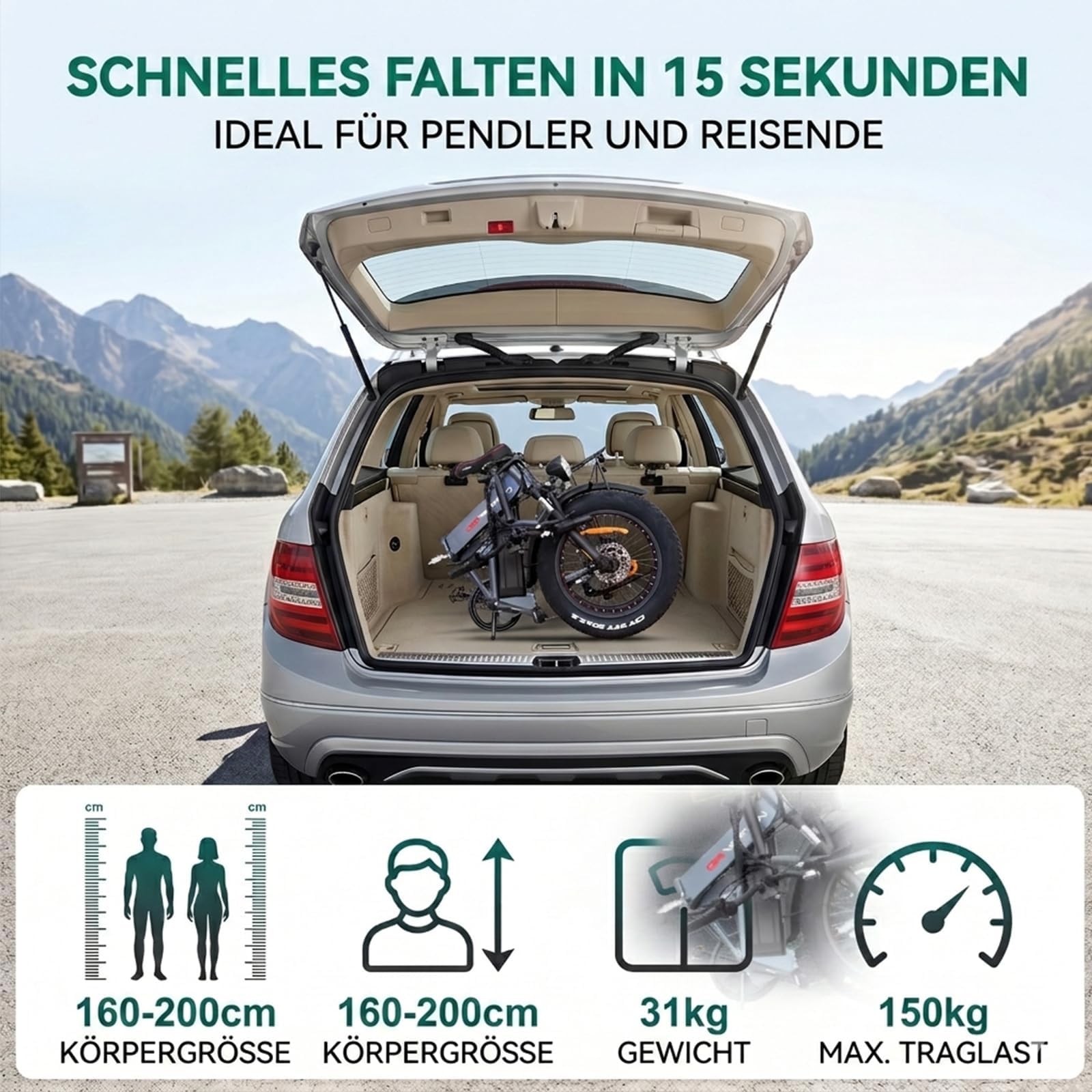 E Bike für Damen & Herren, Elektrofahrrad mit Samsung Akku, Cts Reifen, Kompatibel, Shimano 7-Gang, Alu-Rahmen, Cts Reifen 20x4“, Kompatibel, Klapprad