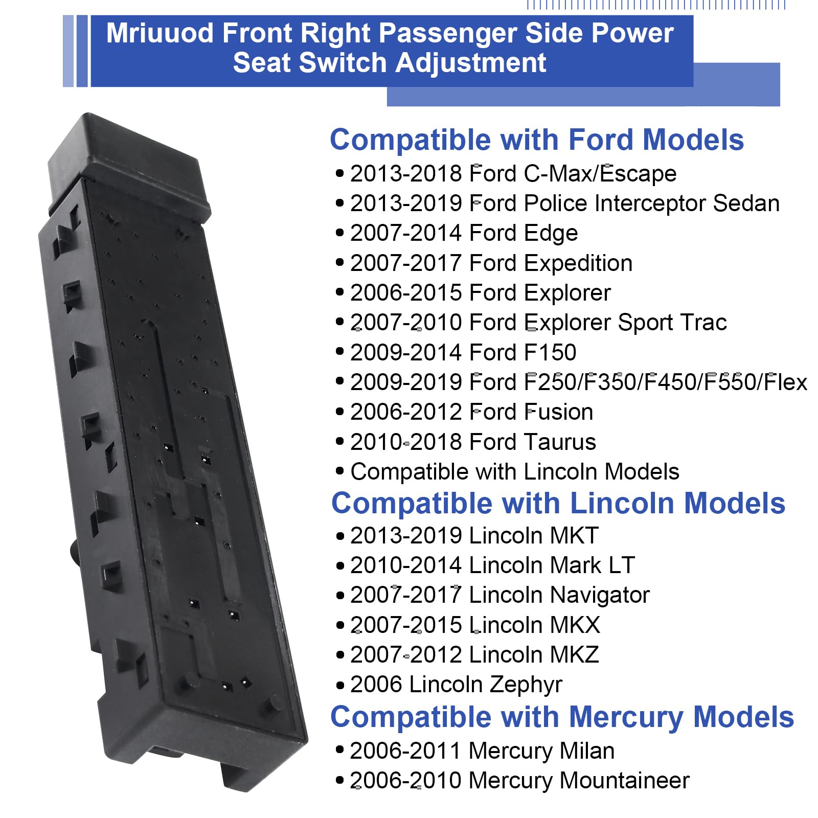 Interruttore sedile passeggero anteriore destro compatibile Ford F150 F250 F350 2006-2019 Lincoln 2006-2019 Mercury 06-11 sostituisce DE9Z14A701BA 9L3Z14A701FA