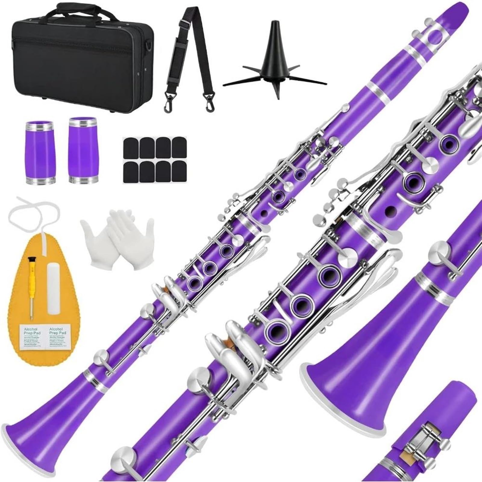 Klarnet Dla Początkujących Klarnet Bb Dla Początkujących Studentów B-dur 17 Klawiszy Klarnet Z Futerałem Stojak Pasek 2 Baryłki 8 Poduszek(Purple)