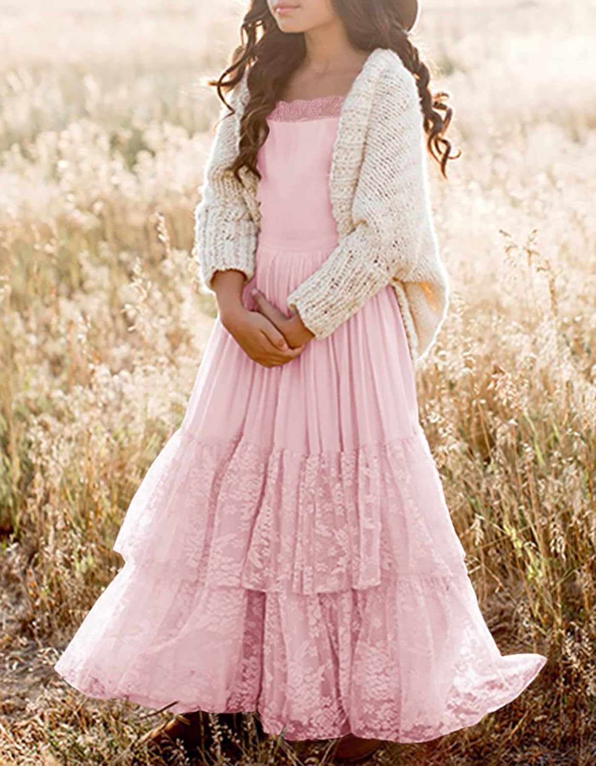 MITILLY Girls Boho Long Sleeve Backless Lace Flower Square Neck Tiered Ruffle Swing Party Maxi Dress - Image 5