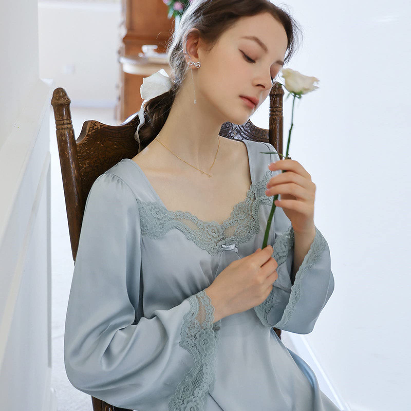 OFFSUM Camicia da Notte Donna - Camicia da Notte Sexy con Colletto Quadrato in Pizzo Camicia da Notte Elegante Vintage in Stile Palazzo Primavera Estate Abito da Notte in Raso