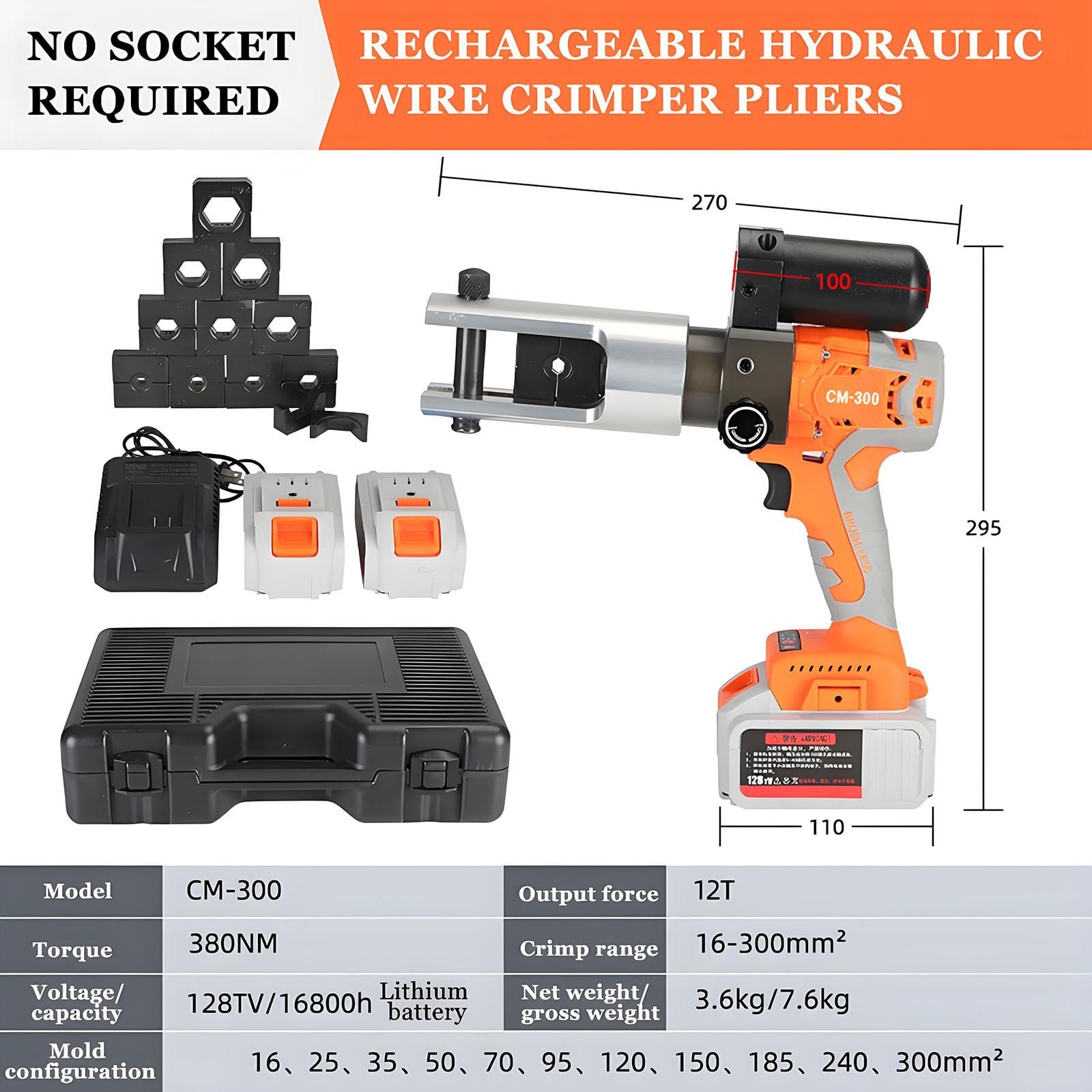 Crimpadora Hidráulica Eléctrica para Cables, Alicates Crimpadores Hidráulicos a Batería, Juego De Herramientas De Crimpado Recargables, 16-300 Mm²
