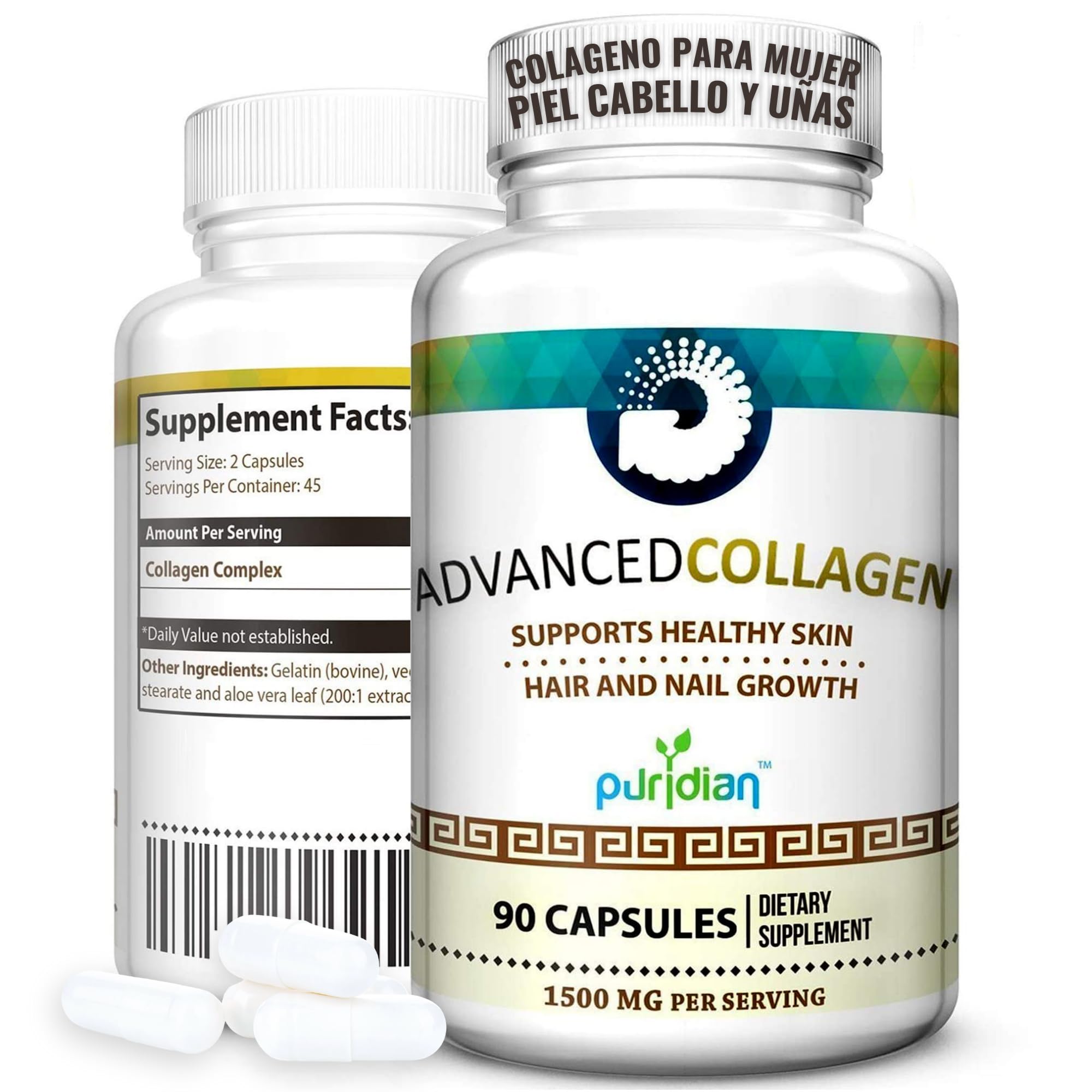 Colageno Hidrolizado Para Mujer Pastillas Advanced Collagen+ Para La Cara, Cabello, Uñas Y Piel Saludable - 90 Capsulas De 1500 mg De Colágeno Puro Y Natural