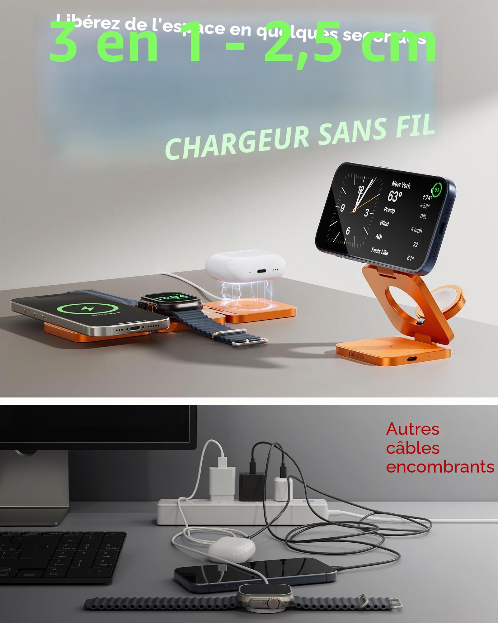 LULULOOK Qi2.2 - Station de Charge 3 en 1 - en Aluminium - MagSafe - avec Charge Rapide de 25 W - Pliable - pour 17 Pro Max/17 Pro/17 Air/17, 5 W - pour Apple Watch 11, AirPods