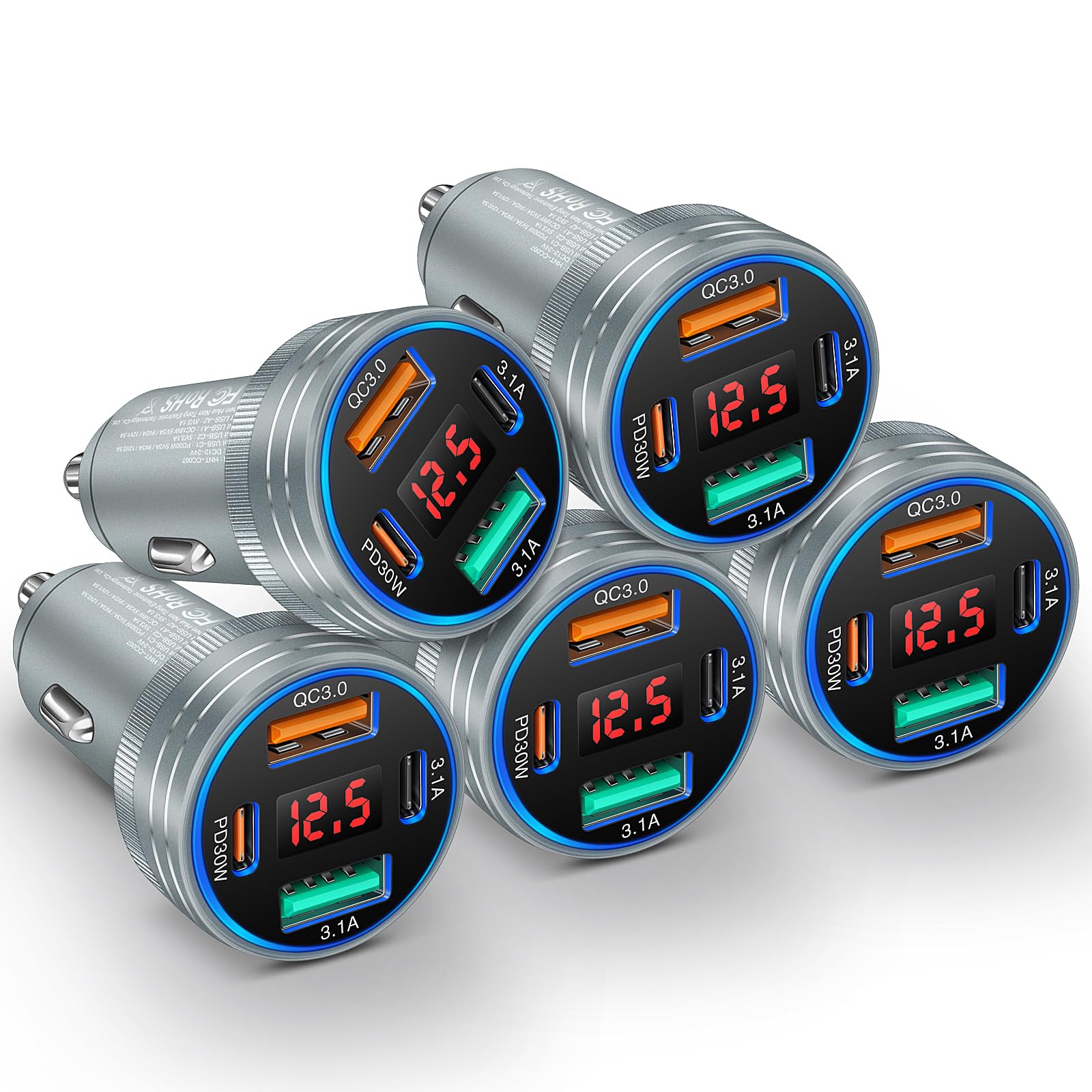 Cargador de coche, adaptador de cargador rápido de coche de 4 puertos de 65 W con PD+QC 3.0, cargador de teléfono de coche de 12 V con USB-A y USB-C, compatible con iPhone 17/16e/15 Pro Max, Samsung