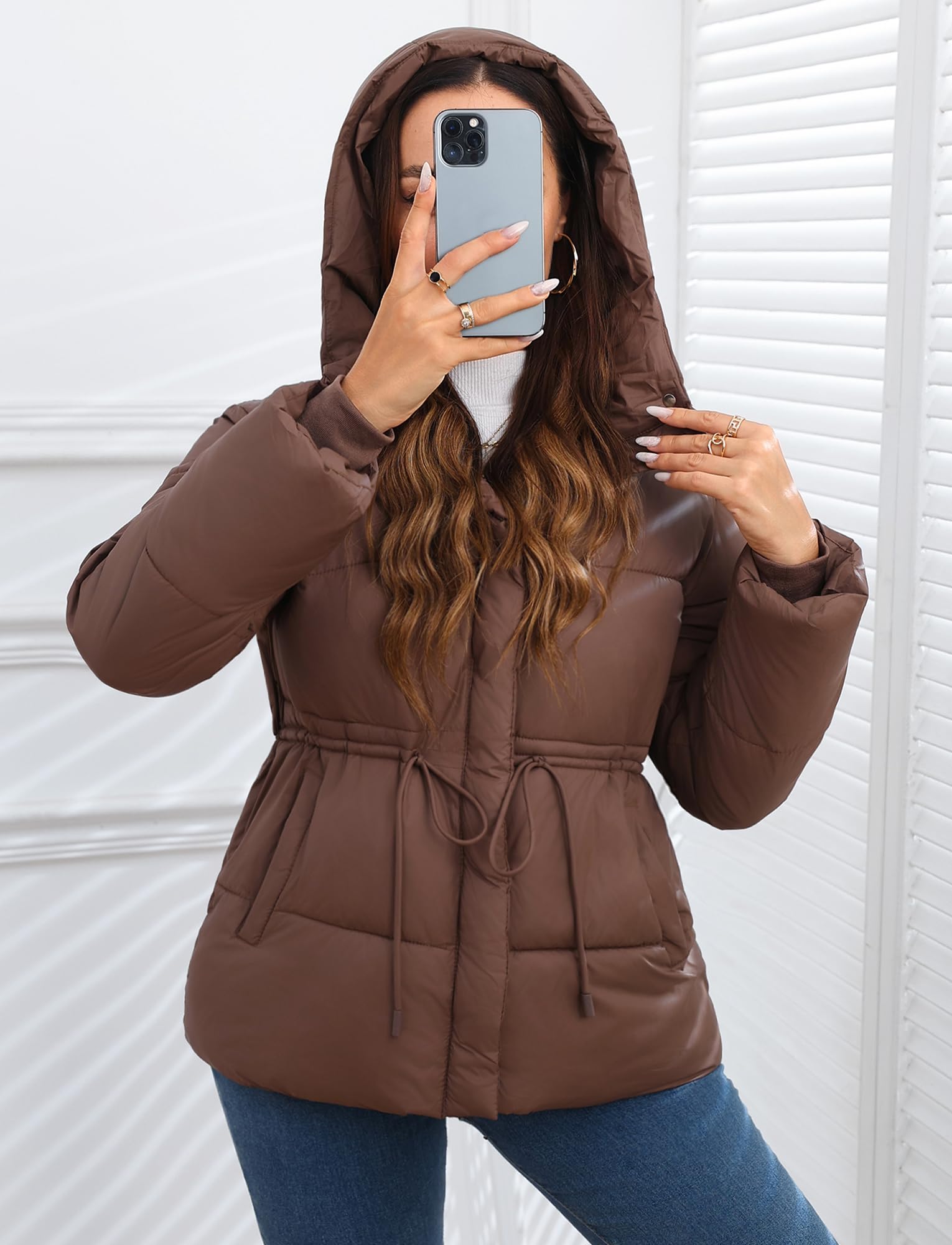 Maeau - Wintermantel Kurzer Kapuze Damen Reißverschluss und Druckknöpfen verstellbaren Kordelzug in der Taille Winterjacke M-3XL