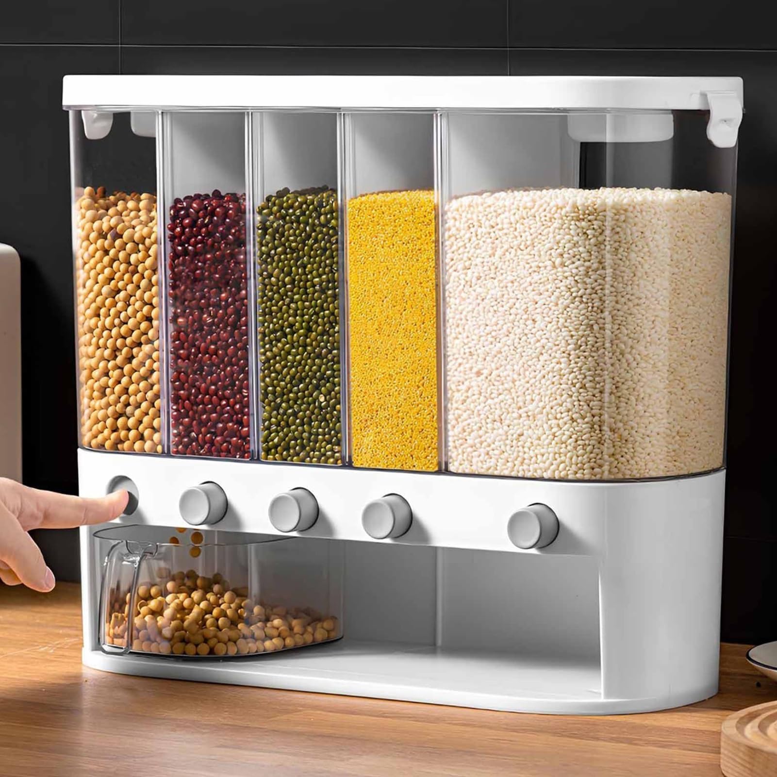 Müslispender aus ABS/PP-Kunststoff | Mehrfarbiger 10-Liter-Messbecher mit 5 Fächern for die Wandmontage: Küche, Speisekammer, Getreide, Reisbohnen(White)