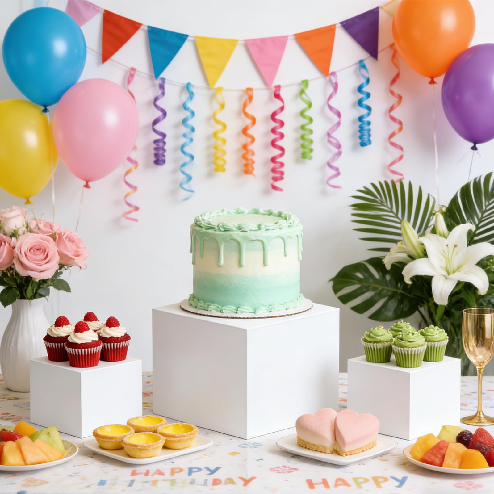6 scatole acriliche bianche, supporto per buffet in acrilico, supporto per dessert con base cava, display per alimenti Risers, cubetti in acrilico, per dolci, gioielli, espositore a cubo con fondo