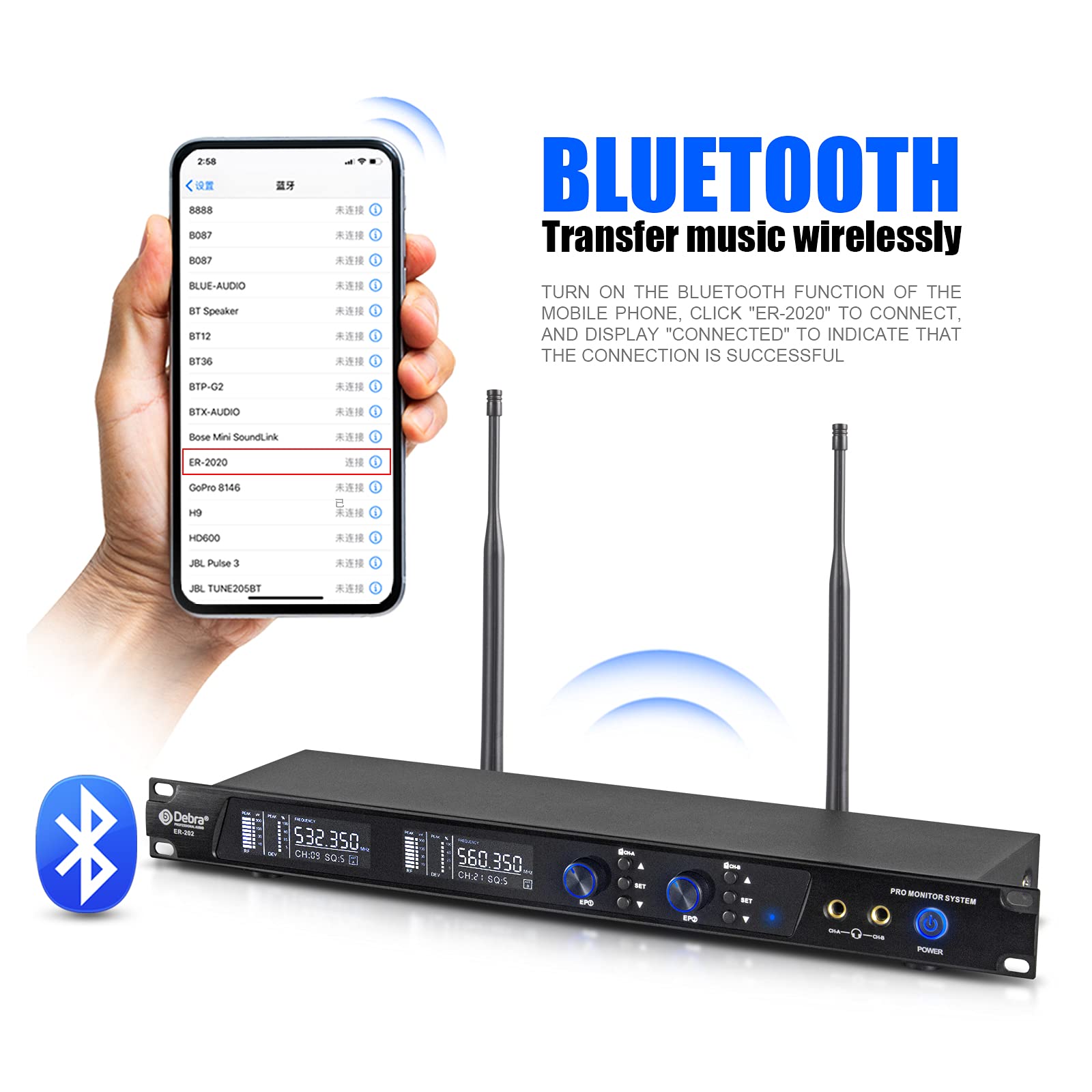 D Debra ER-202 UHF, sistema di monitoraggio wireless a canale, in-ear con trasmettitore e ricevitore per palco, studio di registrazione, musicisti, monitoraggio (2 Bodypack con trasmettitore)