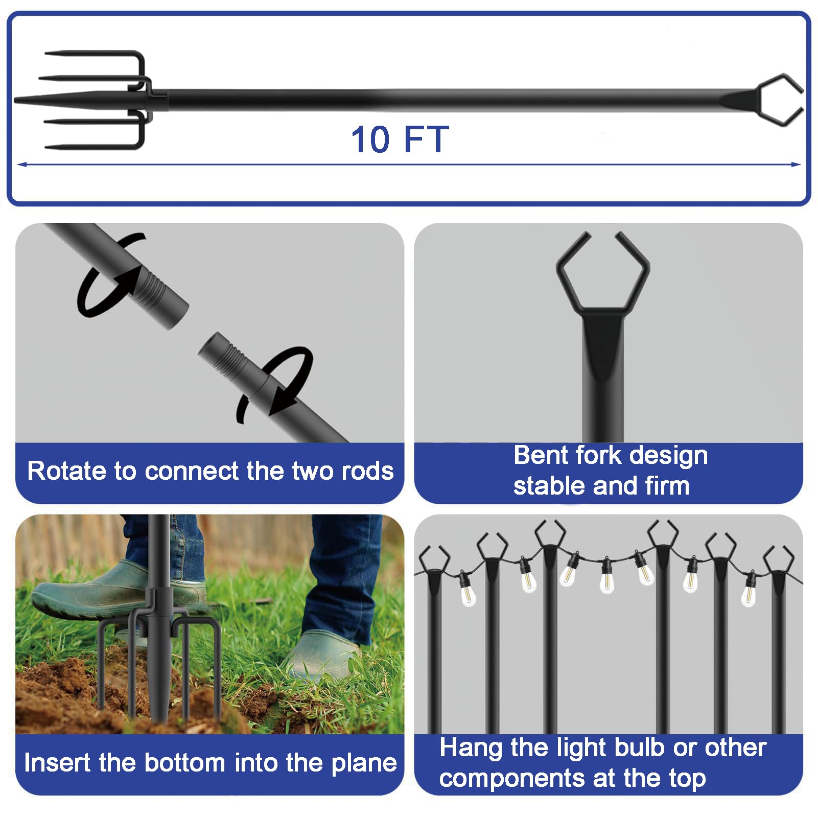 Confezione da 4 pali luminosi a corda, 3 m, in metallo con forcella, per luci esterne, resistenti alle intemperie, per feste, cortile, esterni, patio, giardino, terrazza, matrimoni (confezione da 4)
