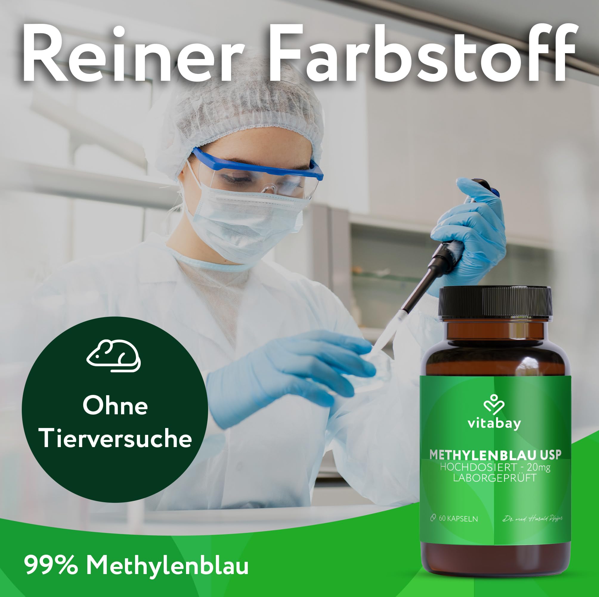 Vitabay Methylenblau Kapseln – 180 Stück – mit 20 mg Methylenblau | pro Kapsel – entwickelt für Forschungs- und Analysezwecke – Laborgeprüft in Deutschland