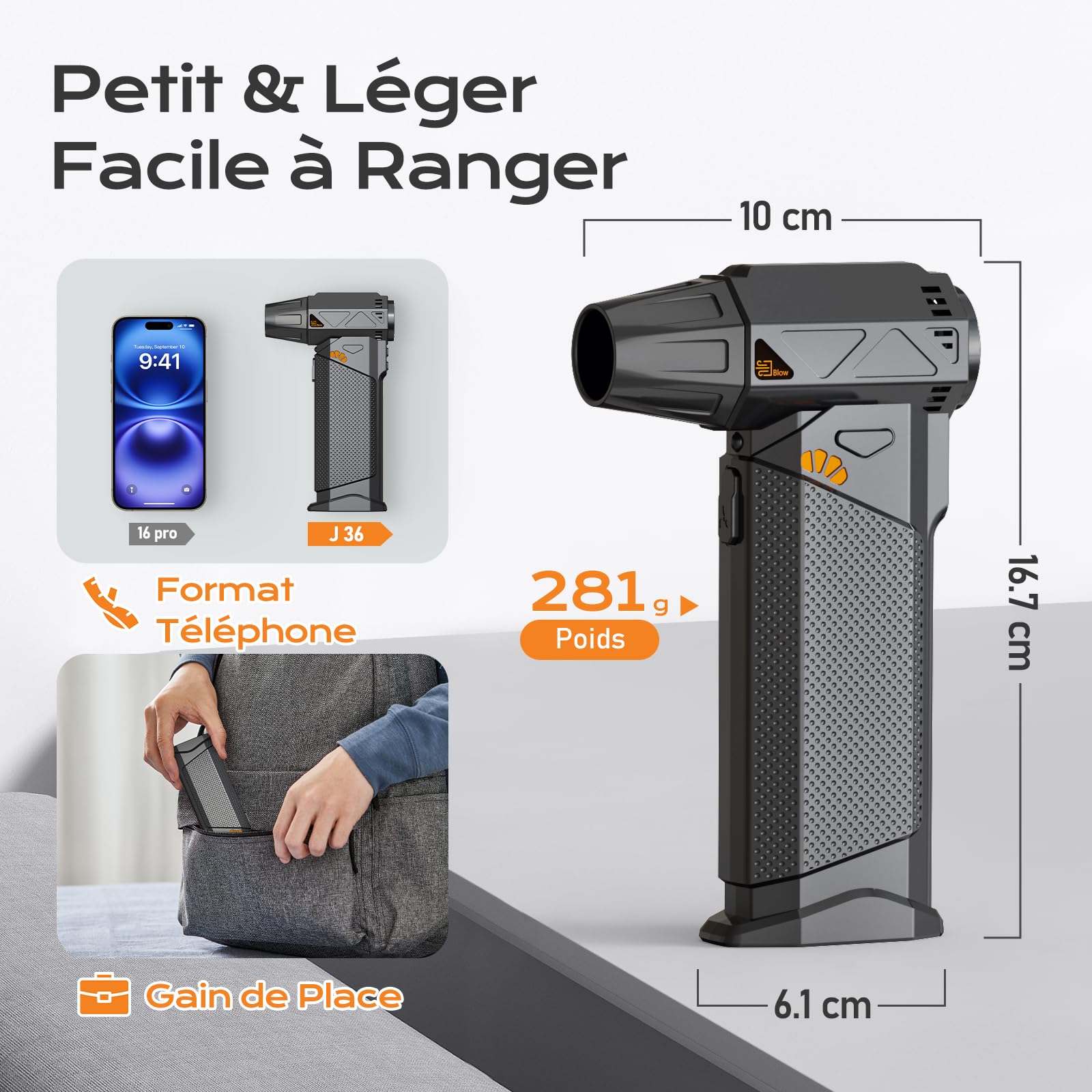 Souffleur Et Aspirateur 2 En 1 Sans Fil SEANCHEER - 180000 Tr/min, Batterie 8000mAh, Lampe LED, Pour PC, Voiture, Maison - 10