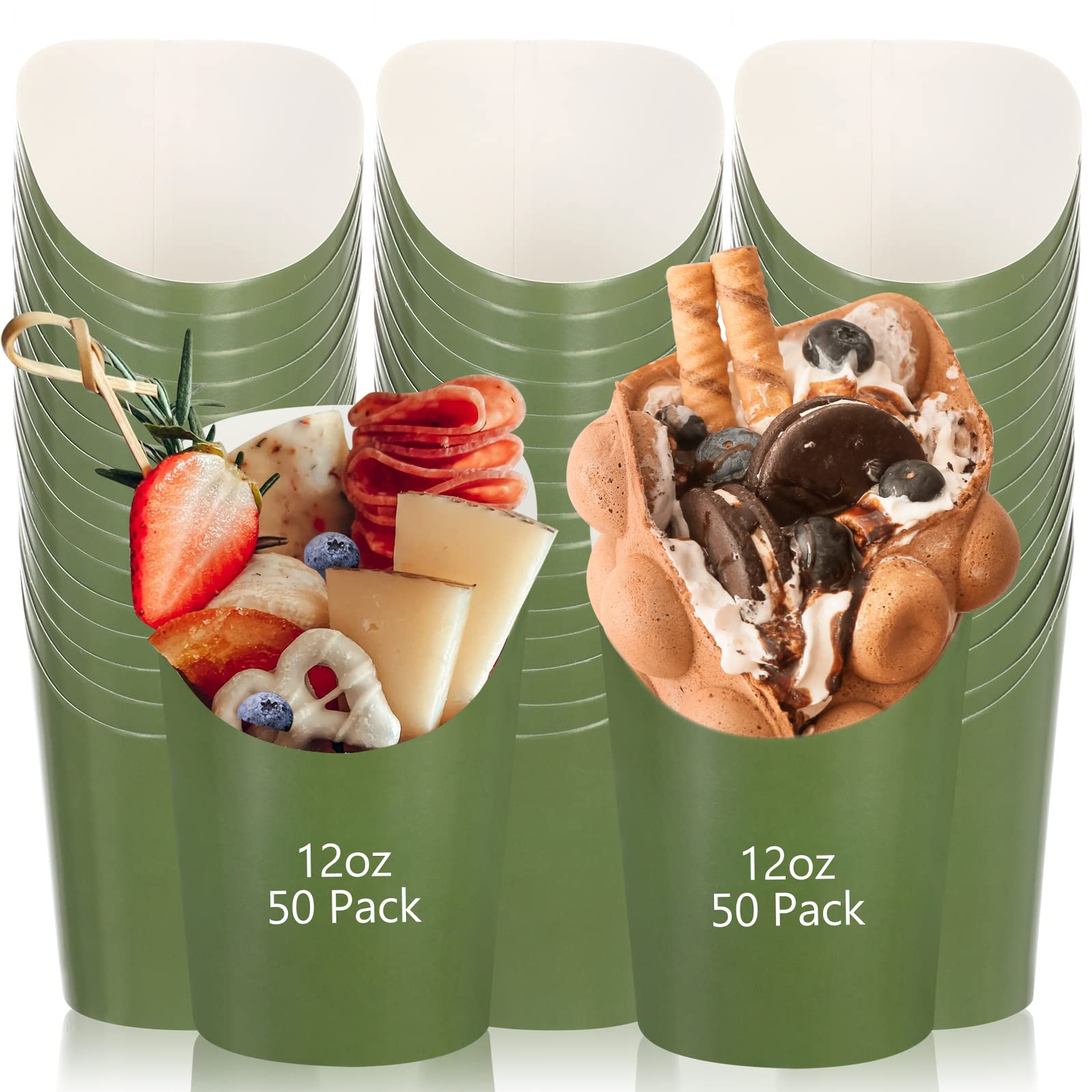 Sabary 50 Pcs Charcuterie Cups, 12 oz Paper Snack Appetizer Cups, French Fry Holder Brown Kraft, Disposable Popcorn Boxes Cones for Baby Shower Waffle