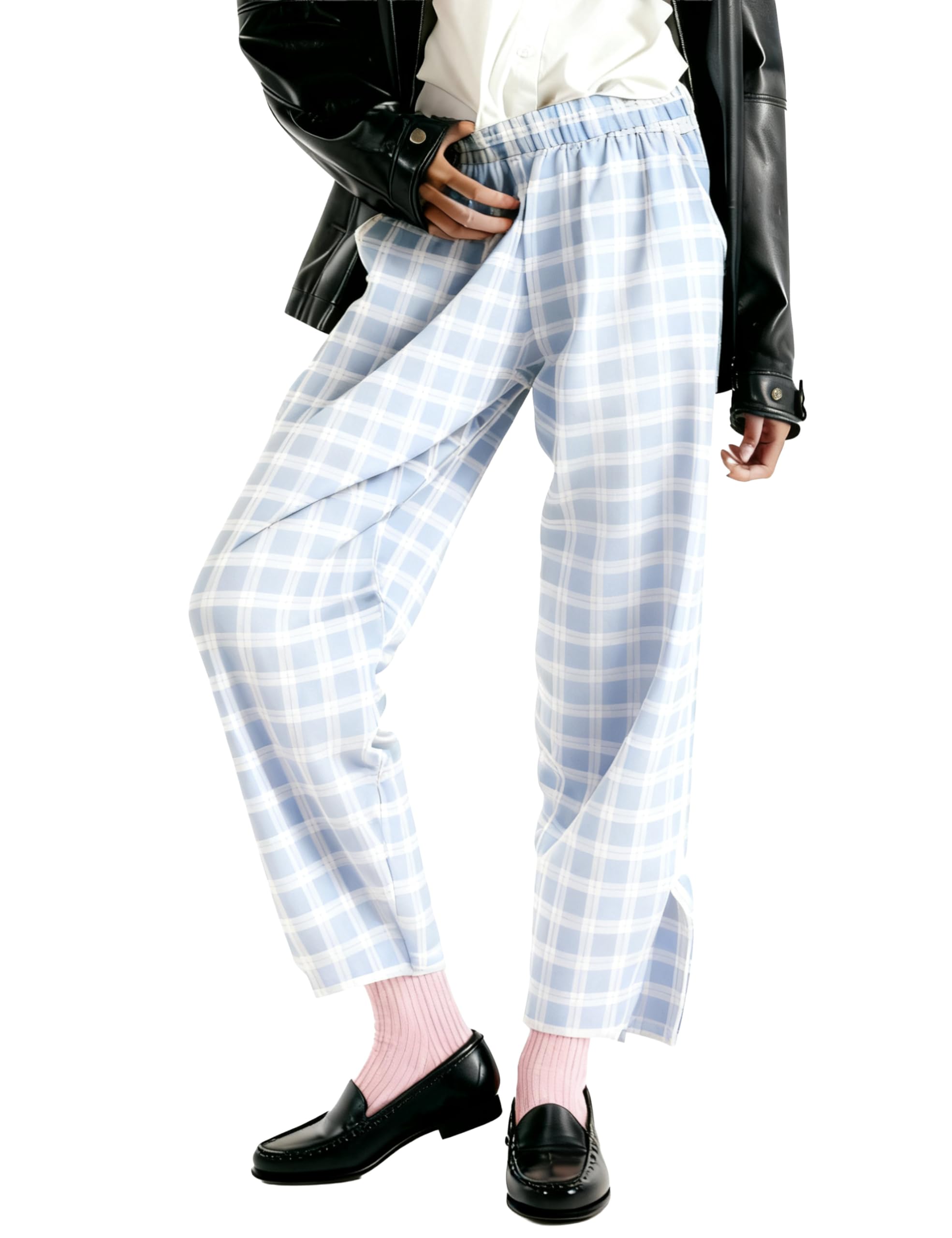 Womens Plaid Straight Leg Pants High Waisted Elastic Trousers with Side Slit Pockets for Daily Wear