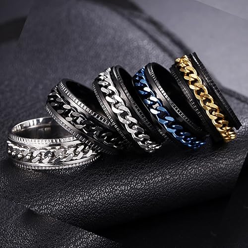 Miniatura 4 de OreilleStar Anillo de ansiedad para hombre, anillo giratorio de acero inoxidable, anillo de cadena para hombre, anillos de plata negra para hombres,