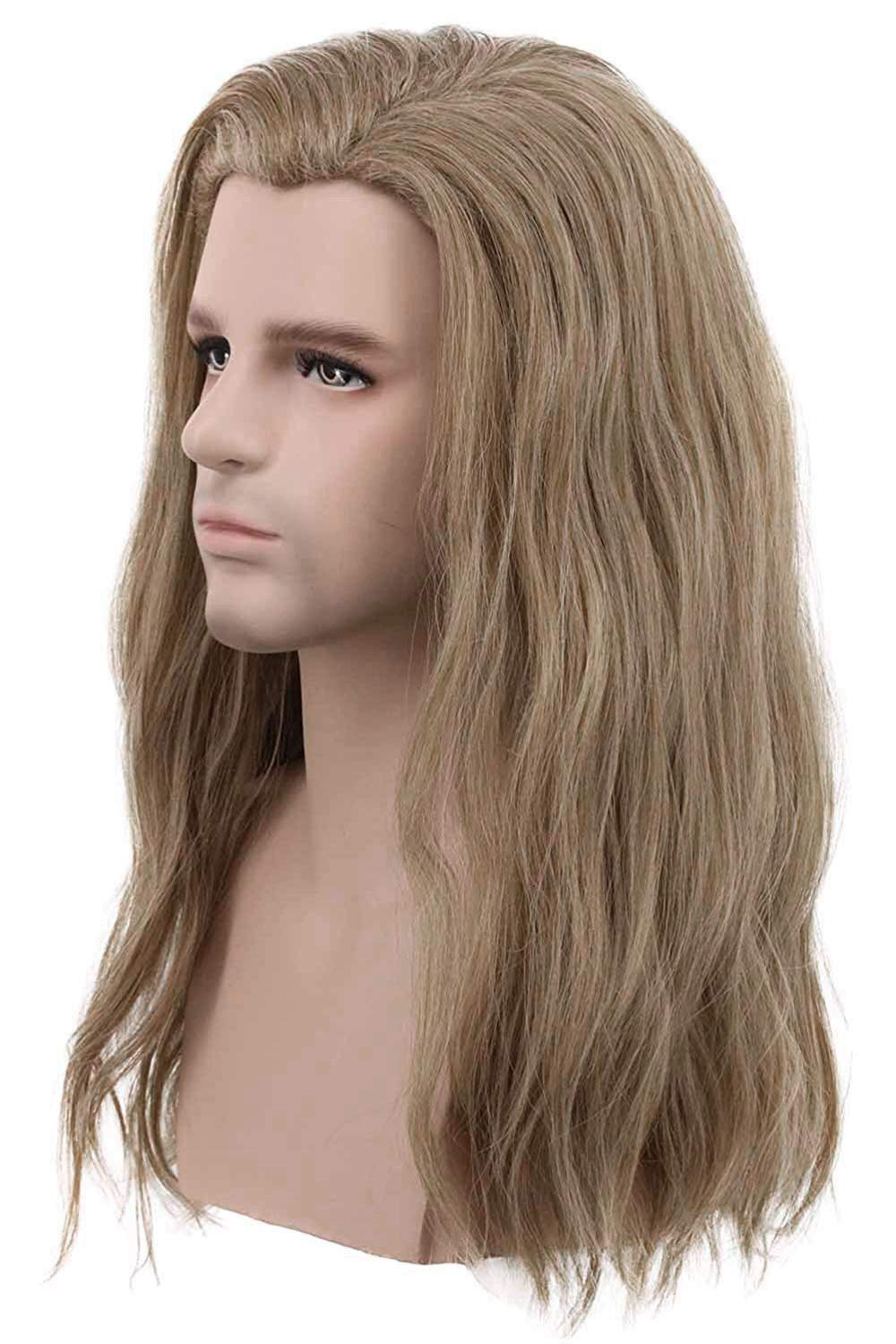 karlery Mens Long Curly Wave Light Brown Wig Halloween Cosplay Wig Anime Costume Party Wig