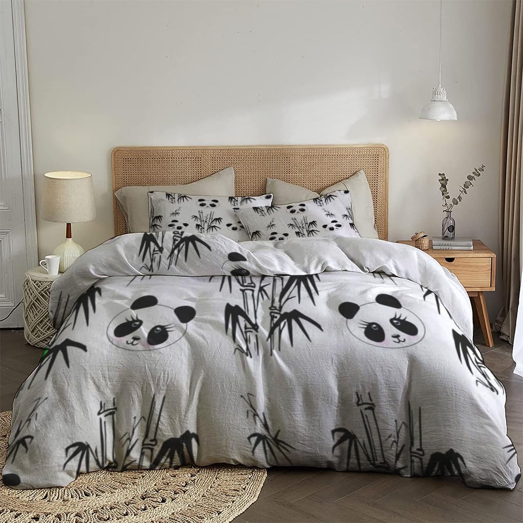 NIBAINLO 布団カバースケッチ風の竹とパンダ 肌に優しい ピーチスキン加工 掛け布団カバー 和式 洋式 あったか 布団カバーセット リバーシブル ホームステイ ホテル 家庭兼用