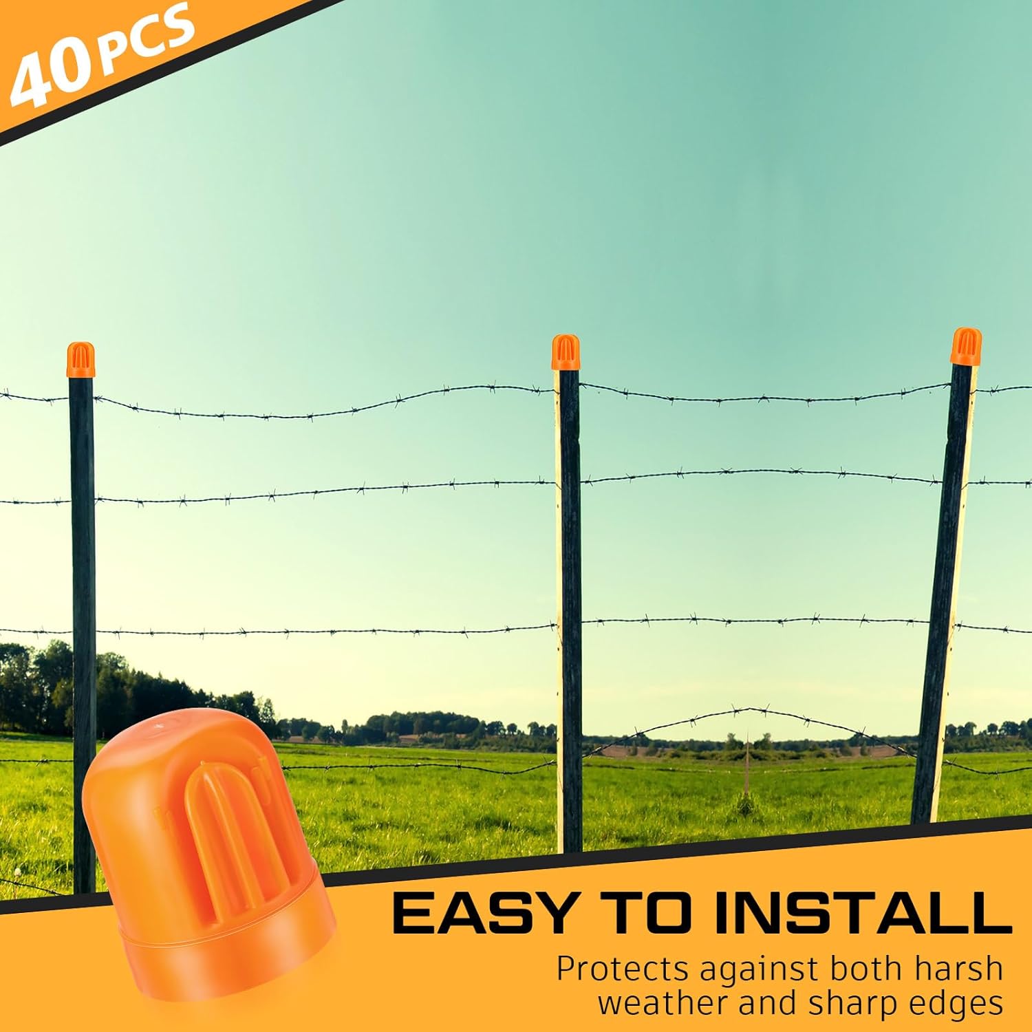 Juexica 40 Pcs T Post Rebar Caps Safe T Post Caps Rebar Safety Caps Orange T Post Topper Safety Orange for T Posts and U Posts for Wire and Tape Ends of Tent Stakes, Rebar, Pipe, Livestock Fencing