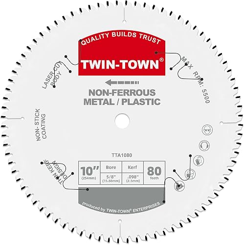 TWIN-TOWN 10-Inch 80 Tooth TCG Aluminum Cutting Saw Blade for Miter/Table Saws - Precision Circular Saw Blades for Aluminum, Plastics, Non-Ferrous Metals with 5/8" Arbor
