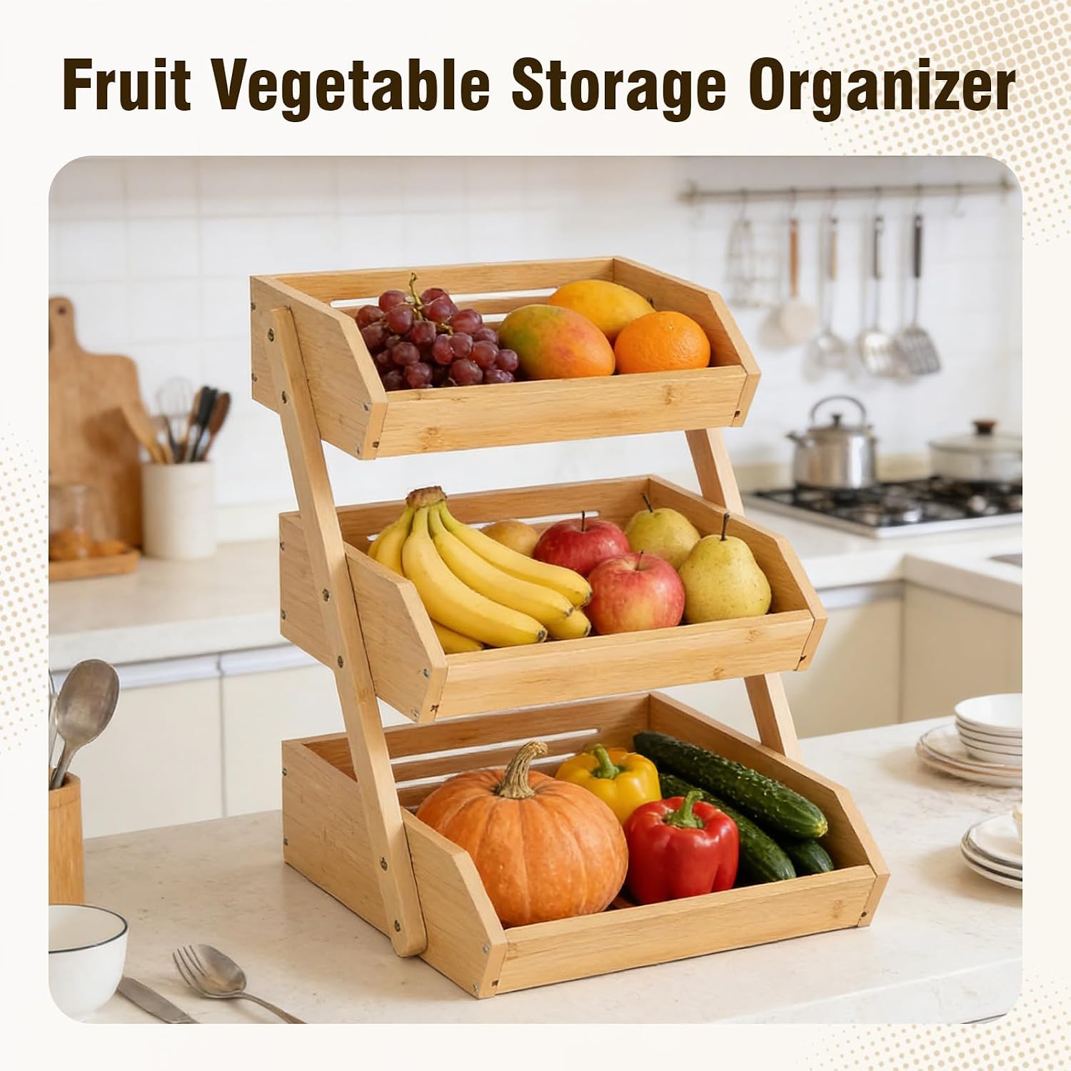 2 Tier Fruit Basket for Kitchen Counter with 2 Banana Hangers, Large Capacity Fruit Bowl, Fruit Vegetable Holder Kitchen Countertop Organizer Shelf, Wood Bread Display Rack, Easy to assemble