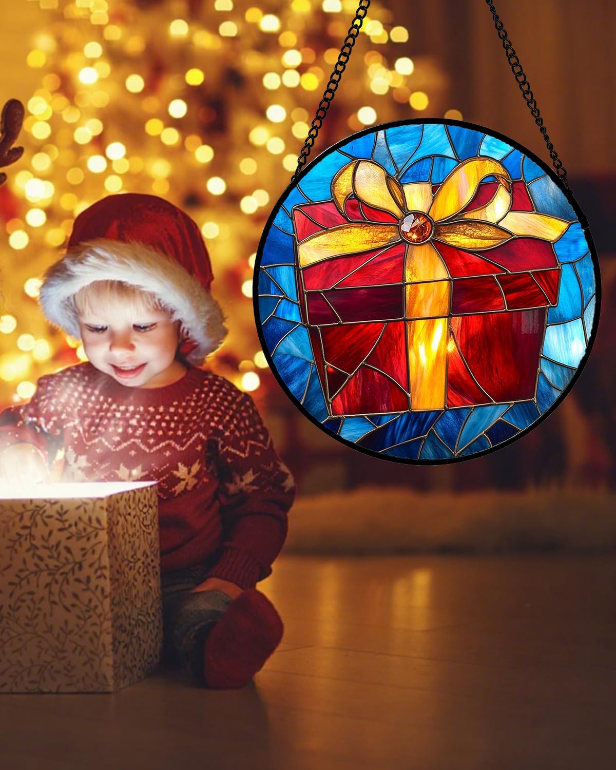 Stained Glass Window Hanging - Gold Red Gift Box Suncatcher for Doors Home Christmas Decoration Sun Catcher Thanksgiving New Year Birthday Gifts for Friend Women Men Mom Nana 9.8 in