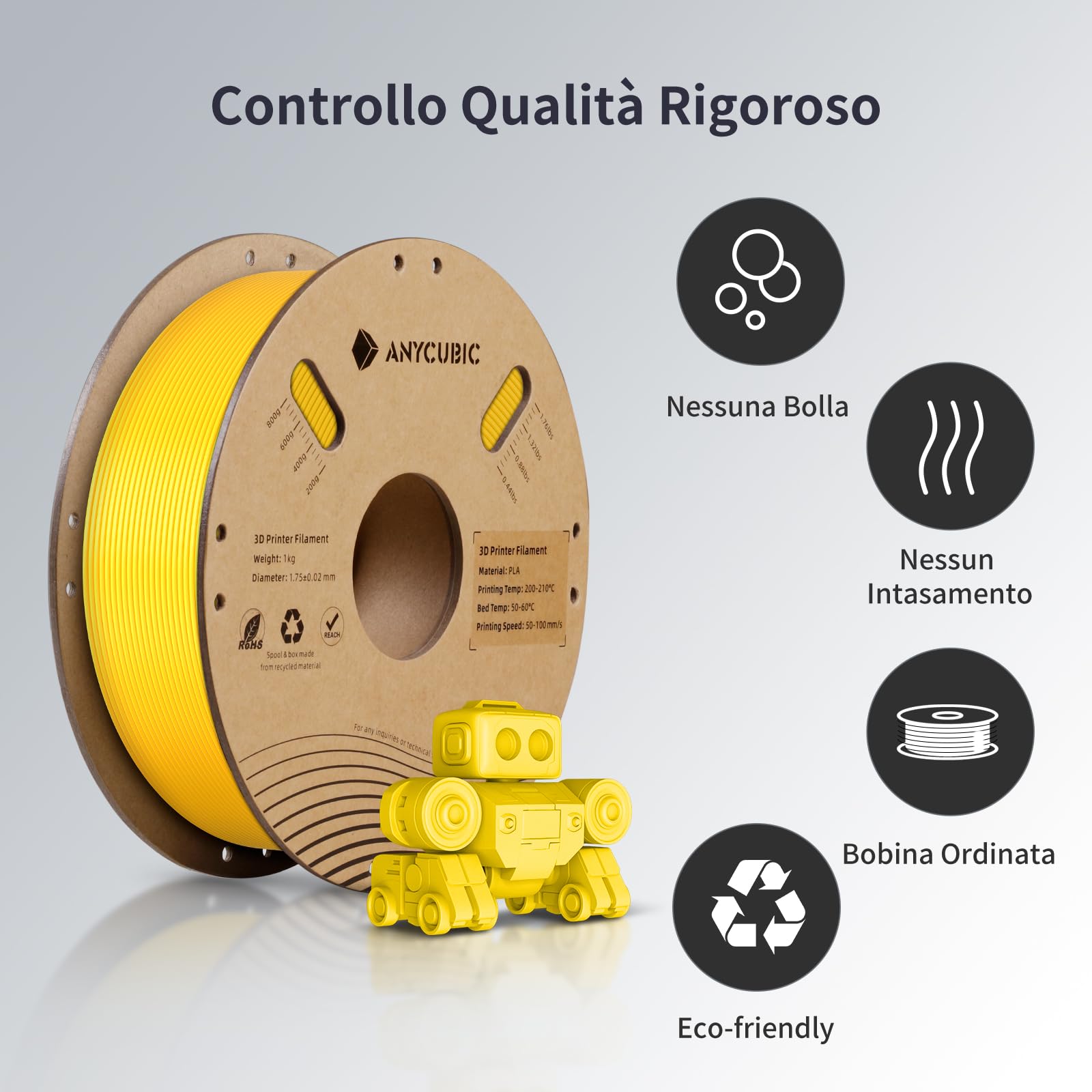 ANYCUBIC Filamento PLA 1,75, Filamento PLA per Stampante 3D Precisione 1,75 mm +/- 0,02 mm, RFID Filamento di Stampa Intelligente, Giallo Vibrante 1KG(2,2 lbs)