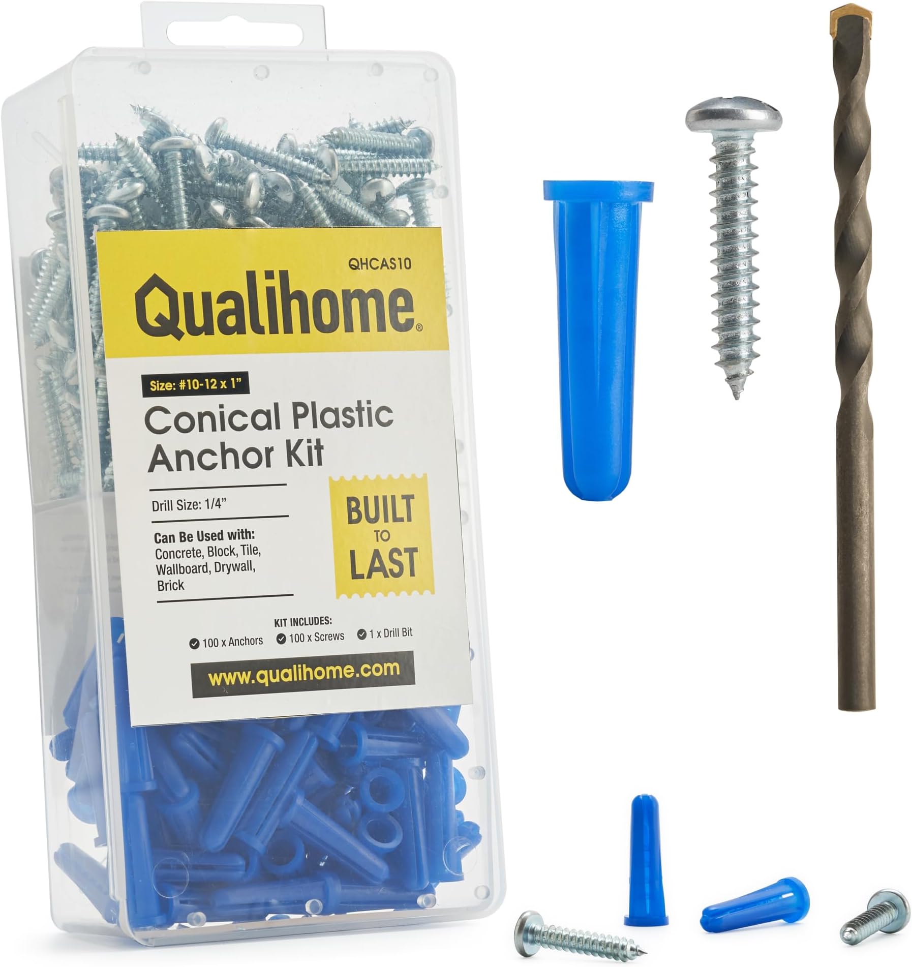 QUALIHOME Conical Concrete Anchors and Screws Kit, Plastic Conical Wall Anchors for Lightweight Fixtures in Concrete, Block, Brick, and More, 100 Pack of Concrete Anchors, Screws & 1 x 1/4" Drill Bit