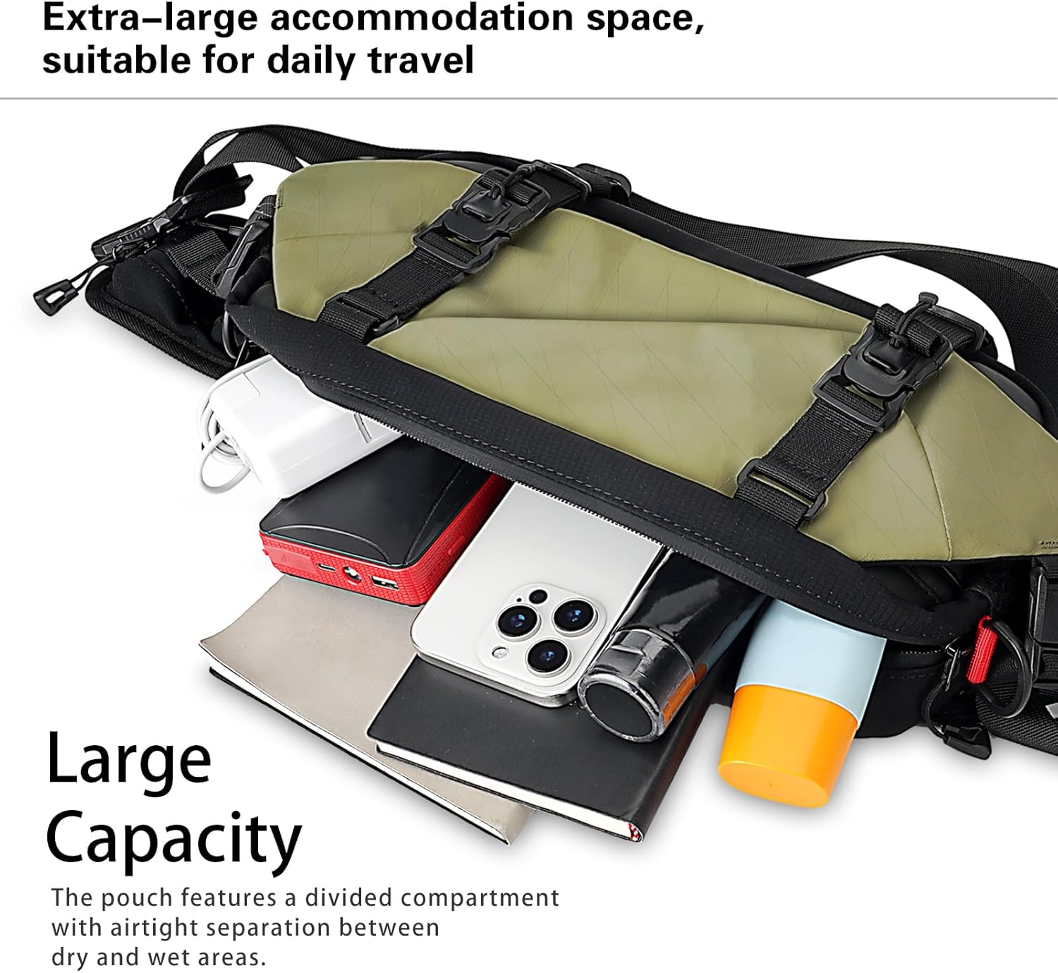 Mens Tactical Sling Bags, Crossbody Chest Bag for Men, Men's Waist Fanny Pack with Adjustable Shoulder Strap,Dry Wet Separation, Magnetic Buckle for Travel Cycling Hiking Daily Use (Army Green) - Image 8