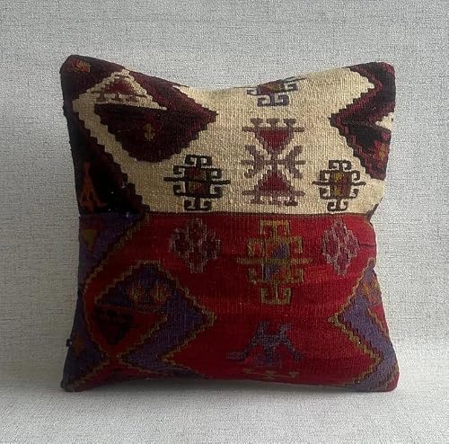 TEHRJJV Vintage Turkish Kilim Throw Pillow Cover, Traditional Geometric Pattern