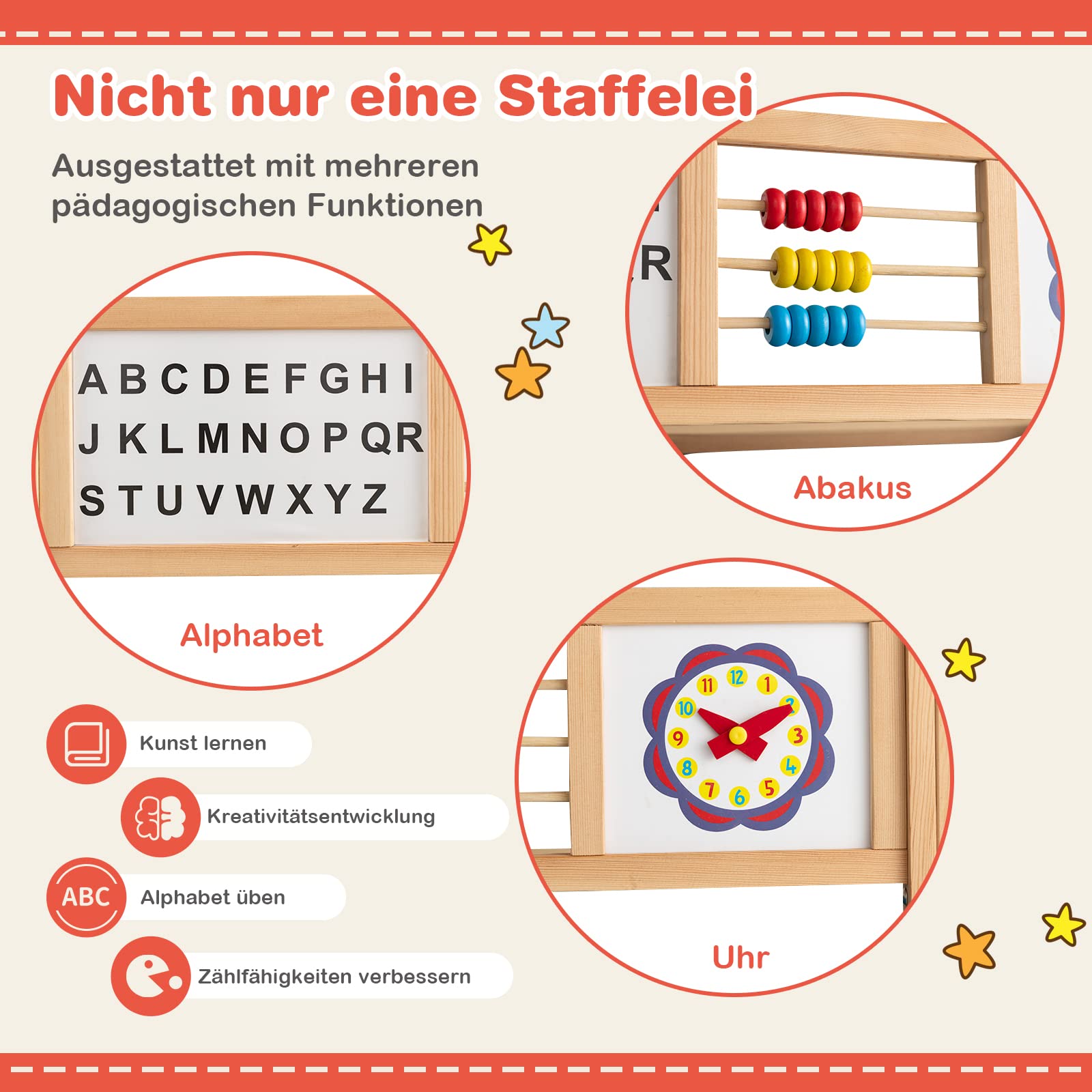 DREAMADE doppelseitige Kinder Staffelei aus Holz, Kinderstaffelei Kindertafel mit Papierrolle Whiteboard und Kreidetafel, inkl. Alphabet Marker Kreide Radiergummi