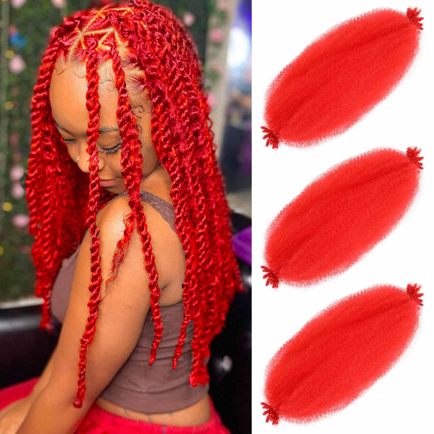 RENJOING Red Afro Twist Hair 12 Inch Marley Braiding Hair Red Afro Springy Twist Kinky Curly Hair Extensions (12 Inch (Pack of 3), Red#)