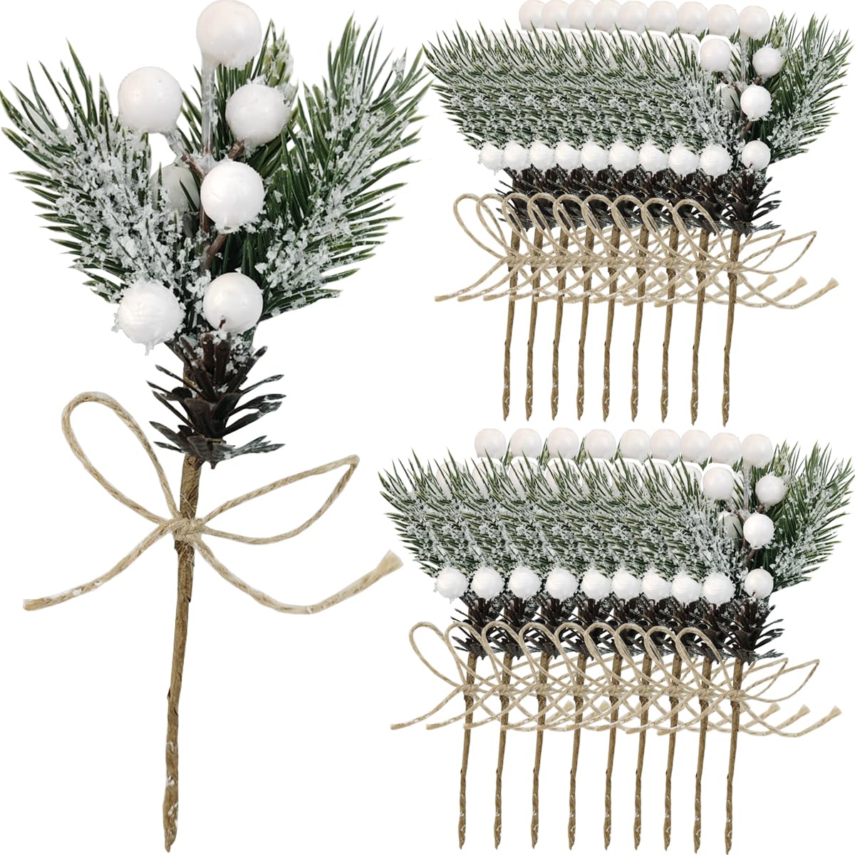 TIHOOD Künstliche Weihnachtsblumen, 20,3 cm, weiße künstliche Beerenspieße, Tannenzapfen mit Tannenzapfen, Stechpalmenblätter für Vase, Blumenarrangement, Kranz, Winterferien, Dekoration, Basteln, 20
