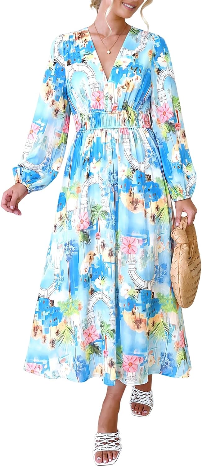 Women's Long Sleeve Floral Maxi Dress 2026 Spring Summer Wedding Guest Dress