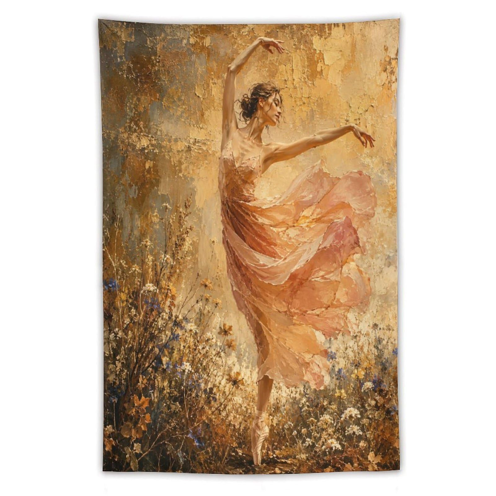 H3B8U2Y5 Peach Floral Ballerina Wall Tapestry, Impressionist Style