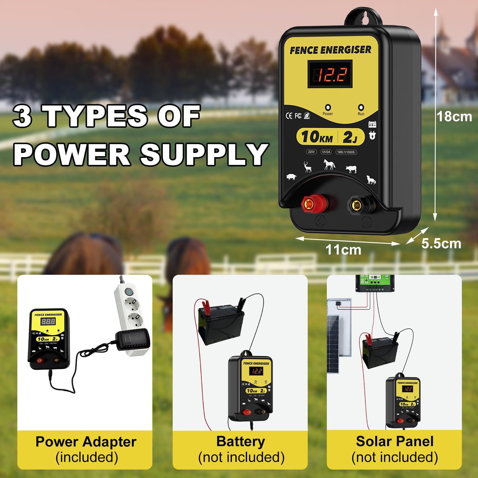 Energizador eléctrico de valla de 12 voltios, funciona con pilas, conectores 2J, alcance de 10 km, IPX5 impermeable con pantalla LED, resistente a la intemperie para caballos y otros animales