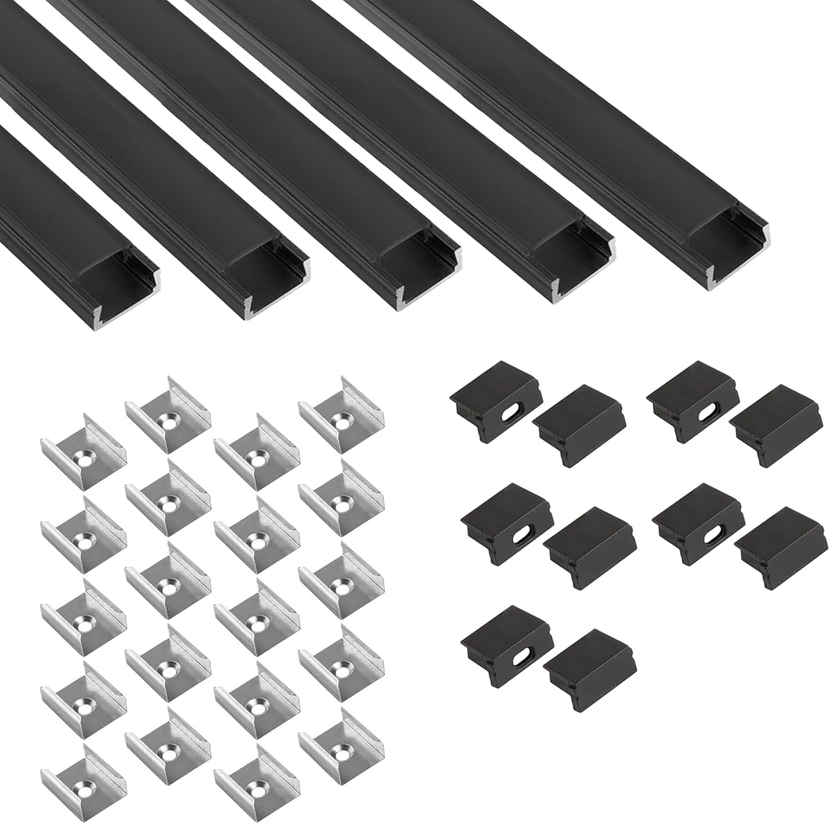 5x A15 LED Profil 2m - Schwarz + Abdeckung schwarz, Halter & Endkappen