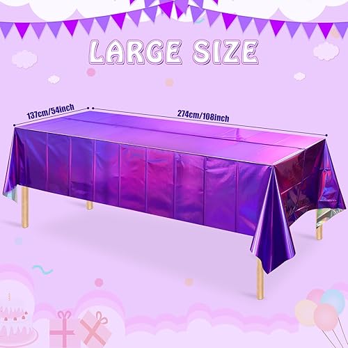 Miniatura 2 de Paquete de 8 manteles de plástico color morado iridiscente, manteles rectangulares desechables con láser, manteles de papel de aluminio holográfico,